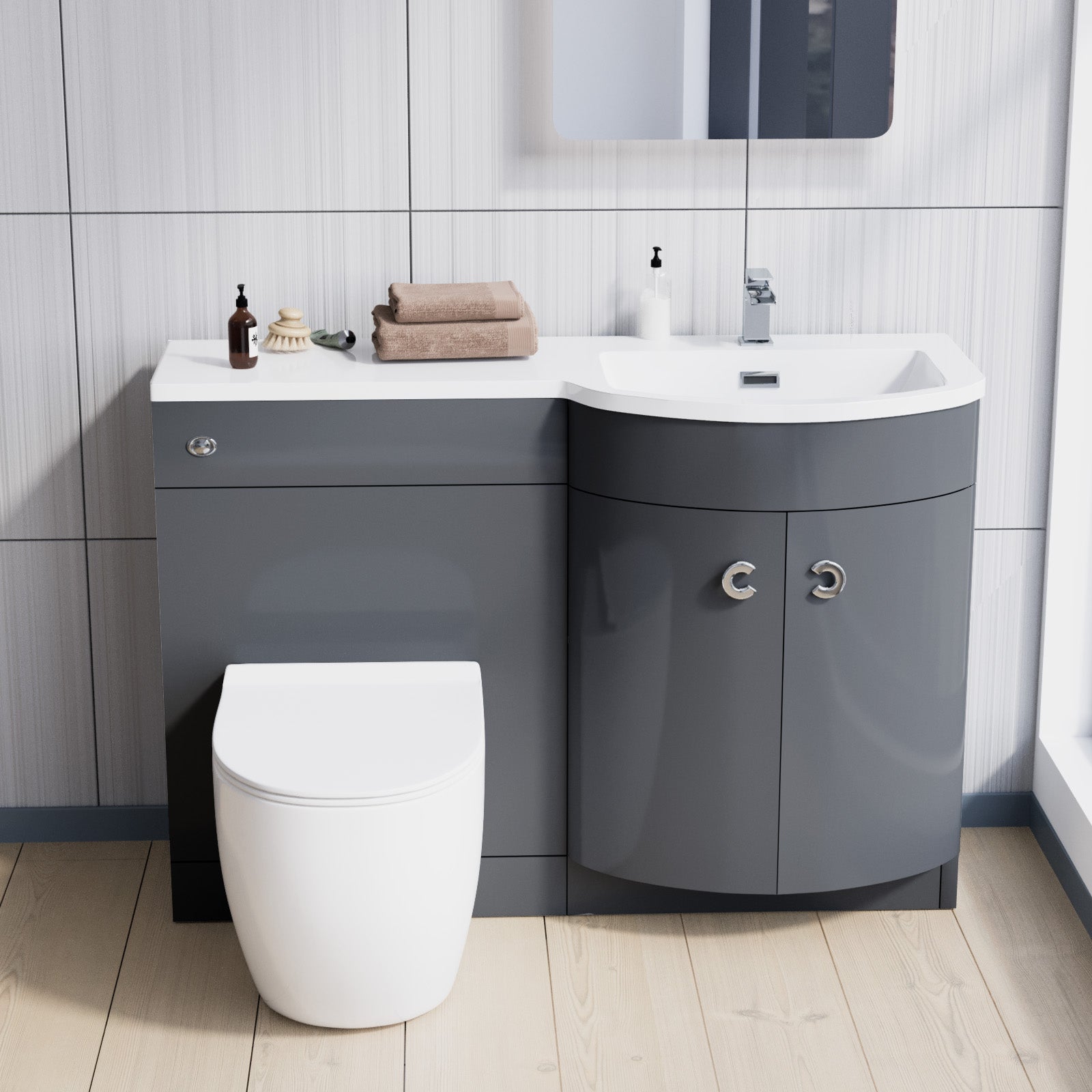 Dene 1100mm RH Back To Wall toilet, Soft Close Toilet & Resin Basin Grey Flat Pack
