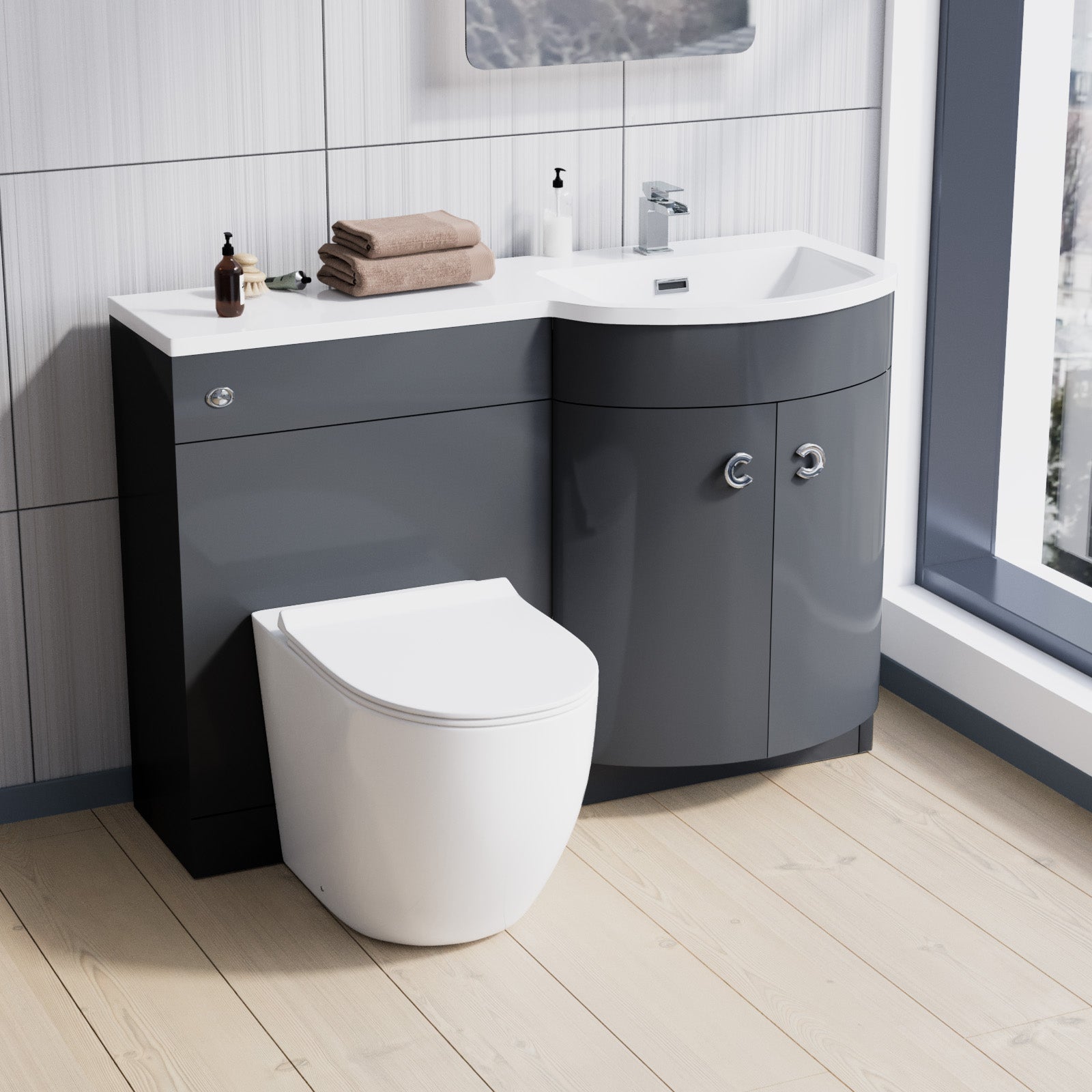Dene 1100mm RH Back To Wall toilet, Soft Close Toilet & Resin Basin Grey Flat Pack