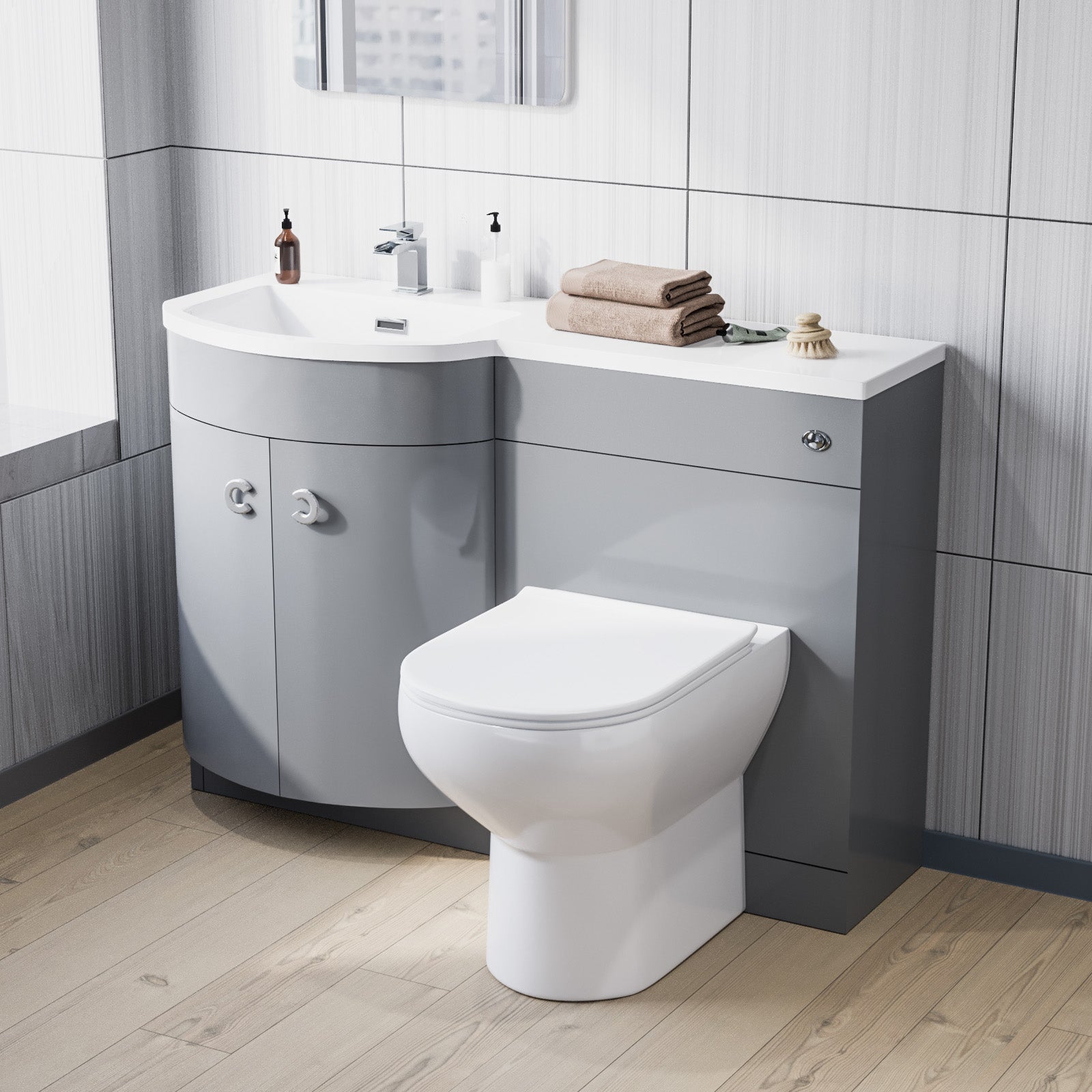 Dene 1100mm Left Hand Basin Combination Vanity Unit, WC unit, Back To Wall Toilet Grey