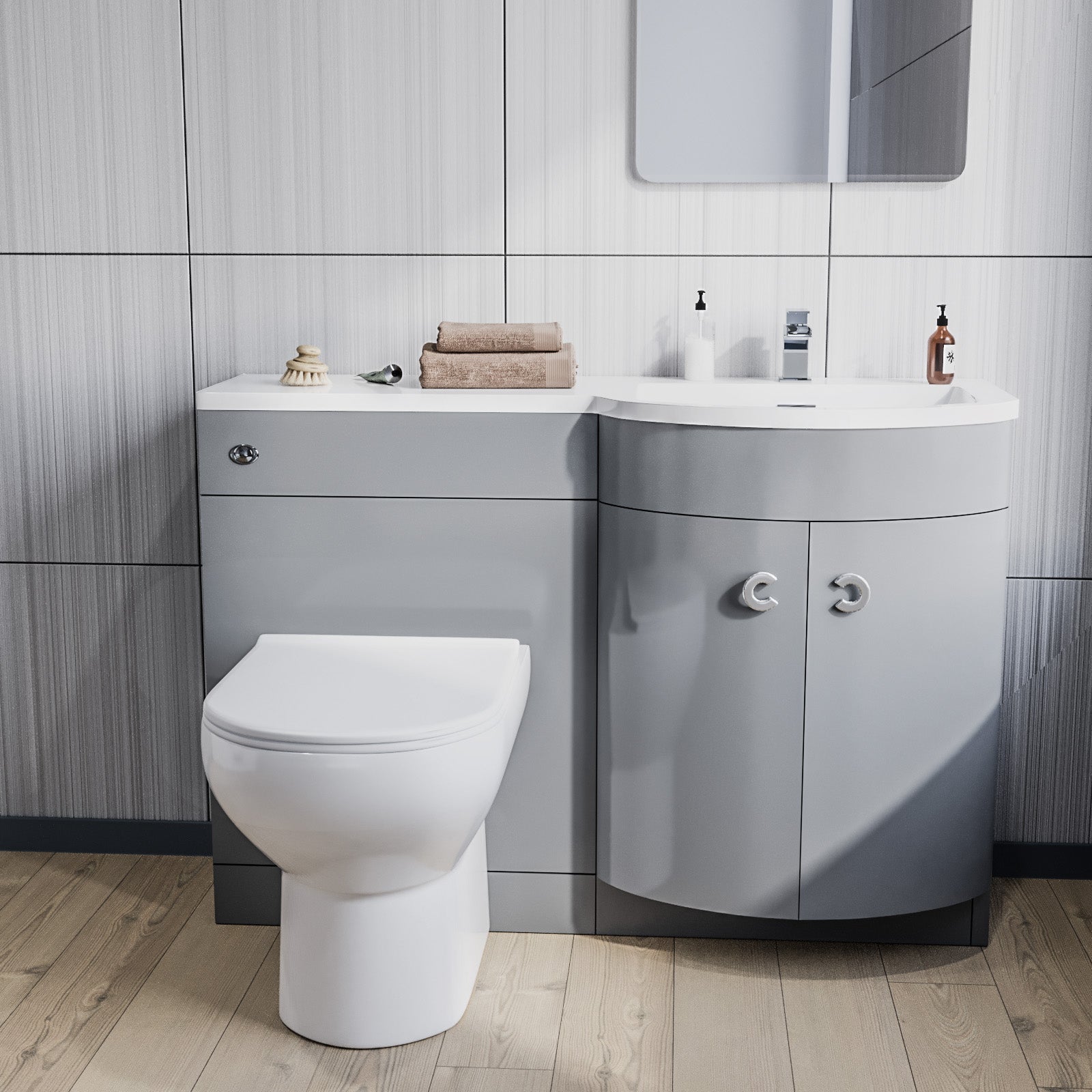 Dene 1100mm Right Hand Basin Combination Vanity Unit, WC unit, Back To Wall Toilet Grey