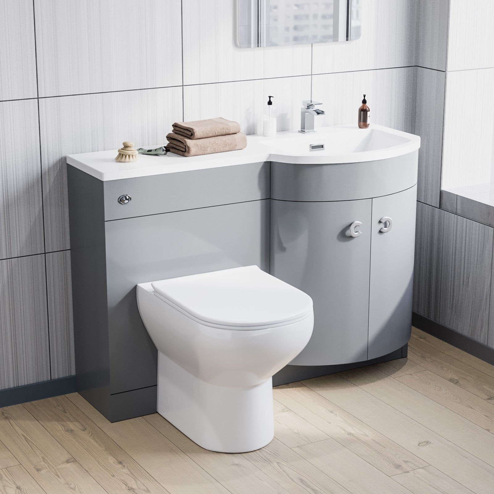 Dene 1100mm Right Hand Basin Combination Vanity Unit, WC unit, Back To Wall Toilet Grey