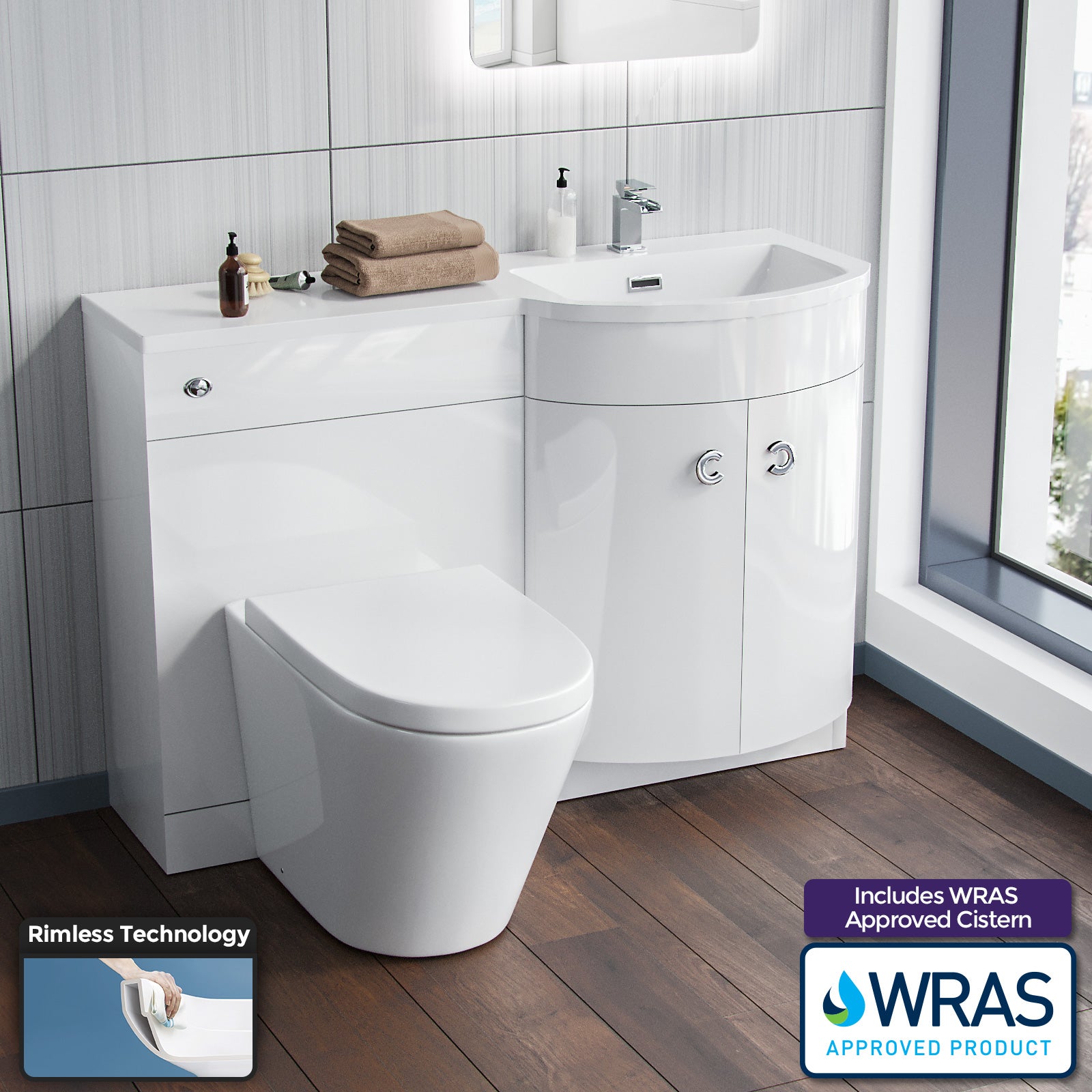 Dene White 1100mm Bathroom P-Shape RH Basin Vanity Unit WC BTW Toilet