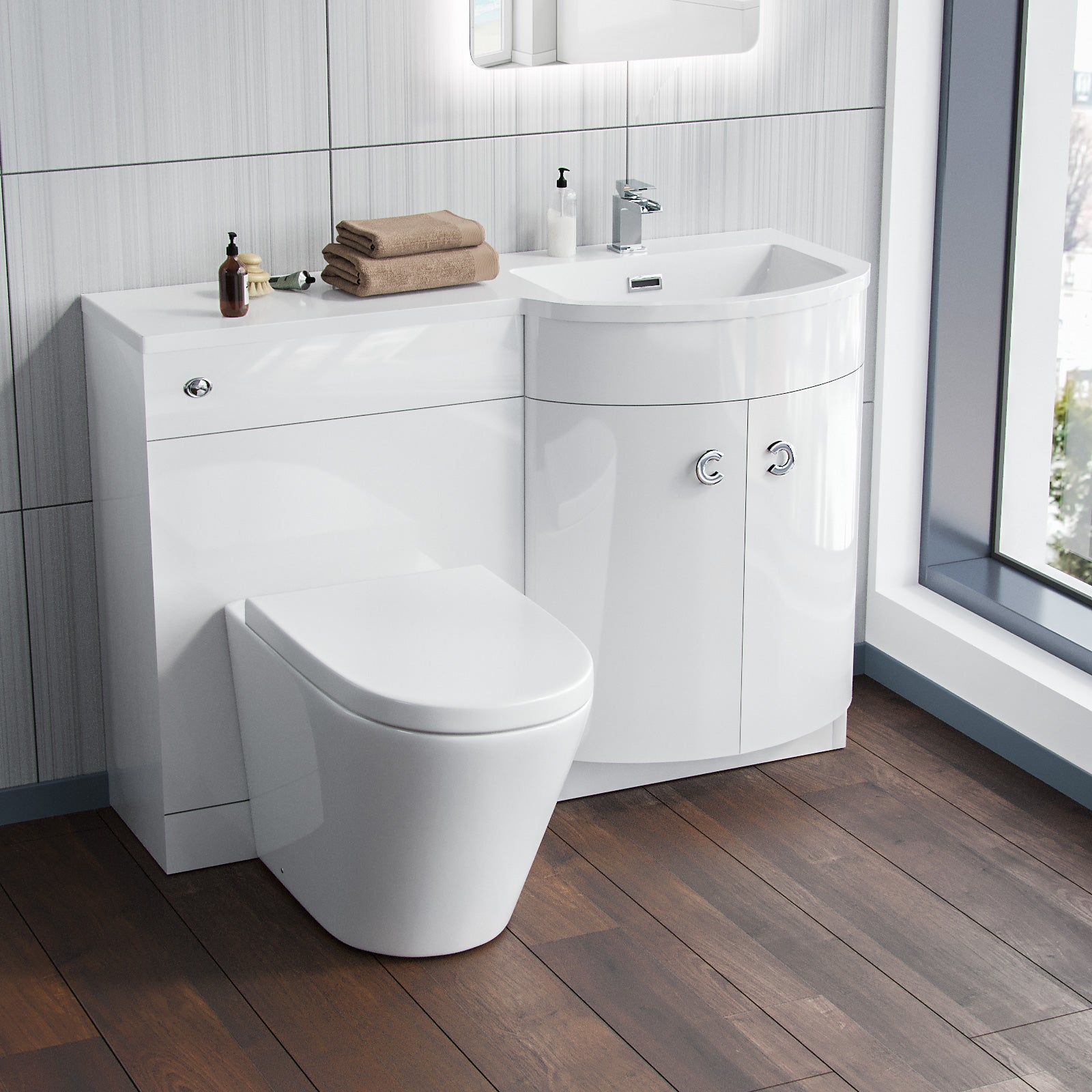 Dene White 1100mm Bathroom P-Shape RH Basin Vanity Unit WC BTW Toilet