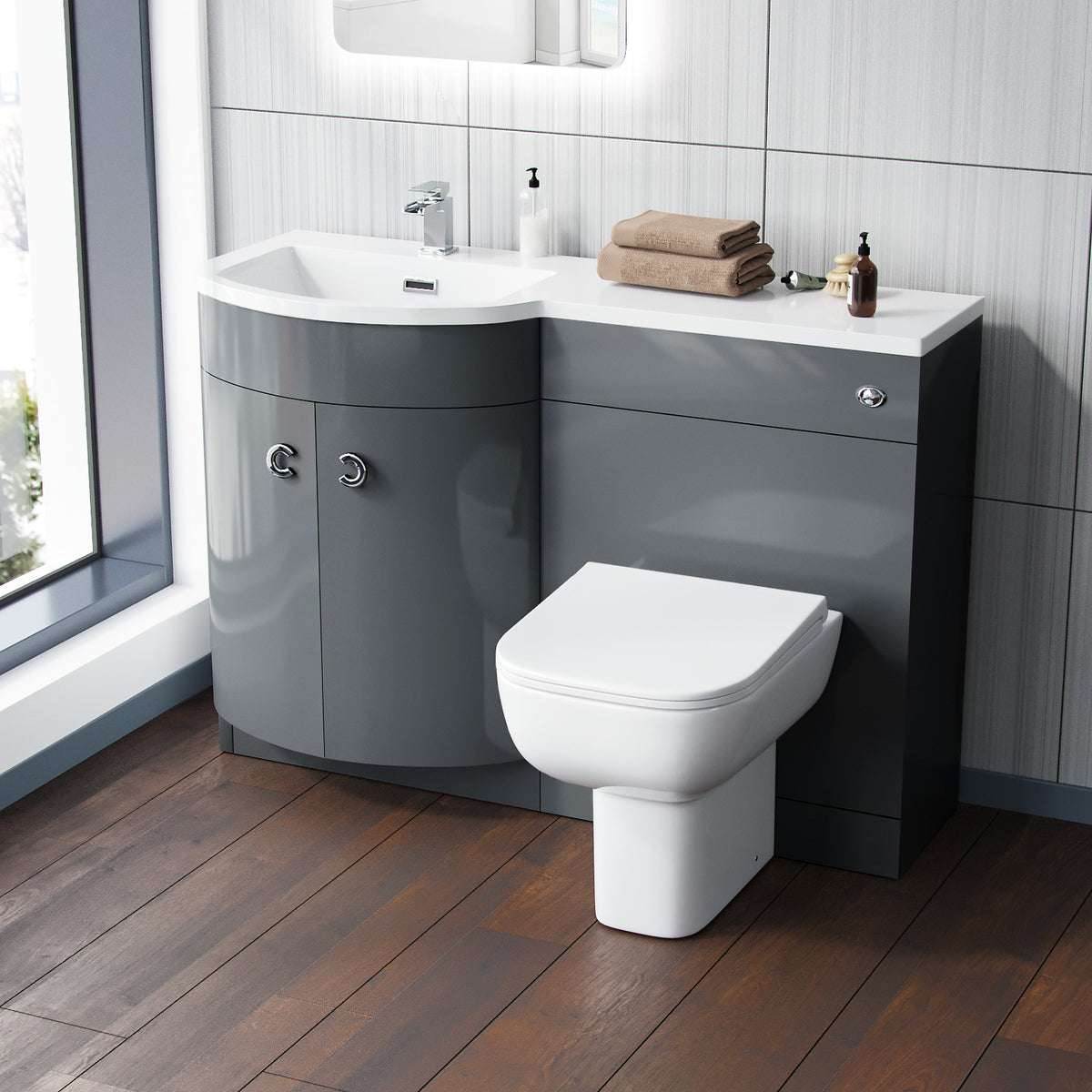 Dene Grey 1100 mm P Shaped Left Hand Vanity Basin Cabinet and WC BTW Toilet