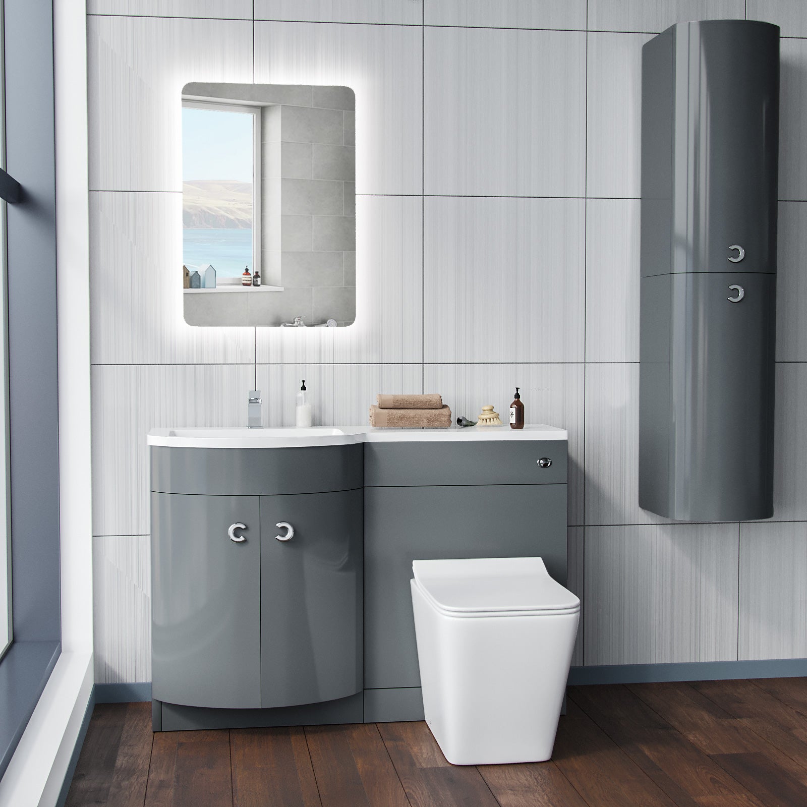 Dene Grey 1100 mm Vanity Unit and BTW WC Toilet Left Hand Basin Sink Cabinet