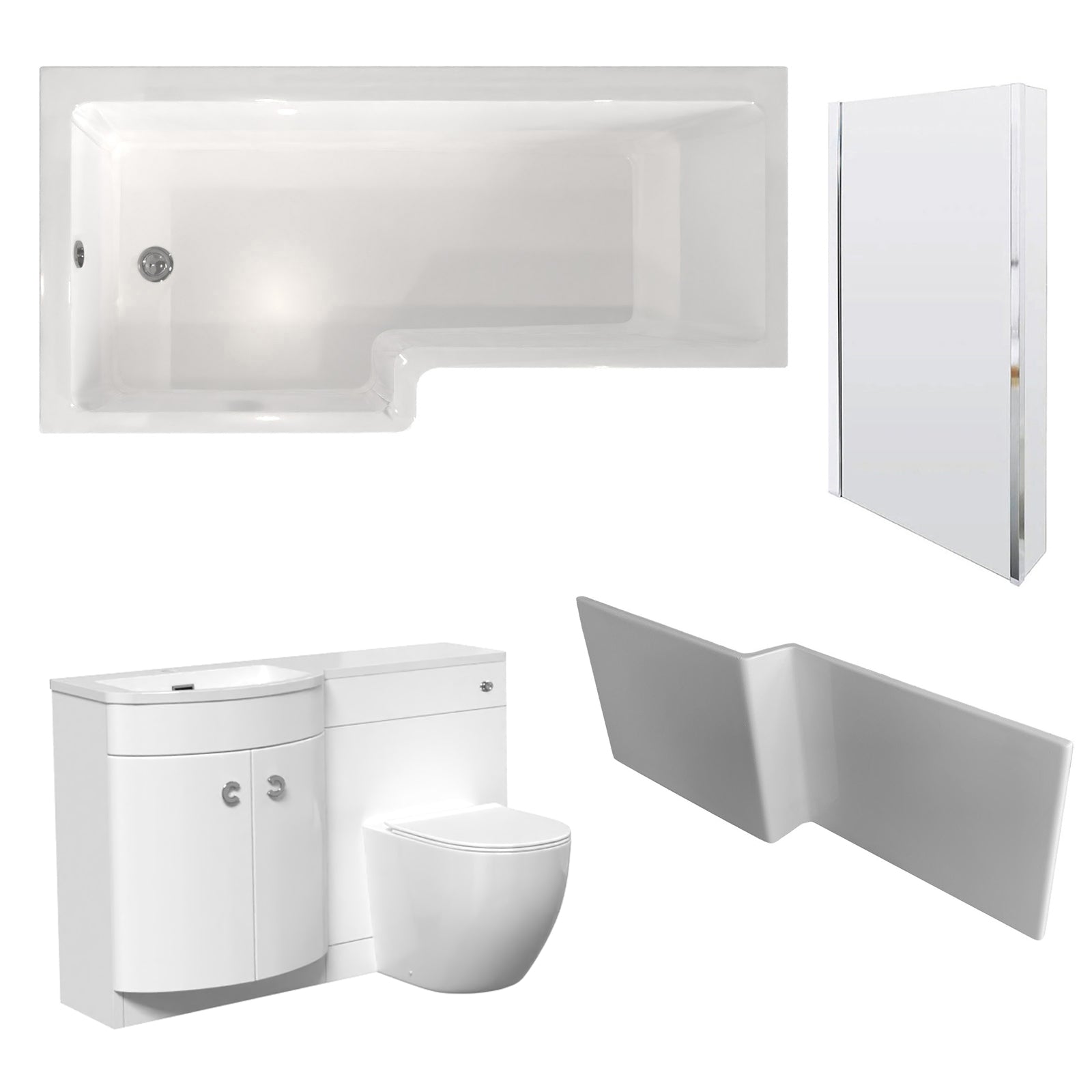 Dene L-Shaped LH 1700mm Shower Bath White Basin Vanity Unit & BTW Rimless Toilet