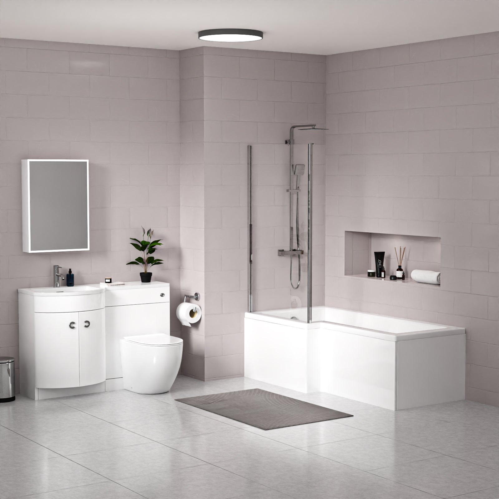 Dene L-Shaped LH 1700mm Shower Bath White Basin Vanity Unit & BTW Rimless Toilet