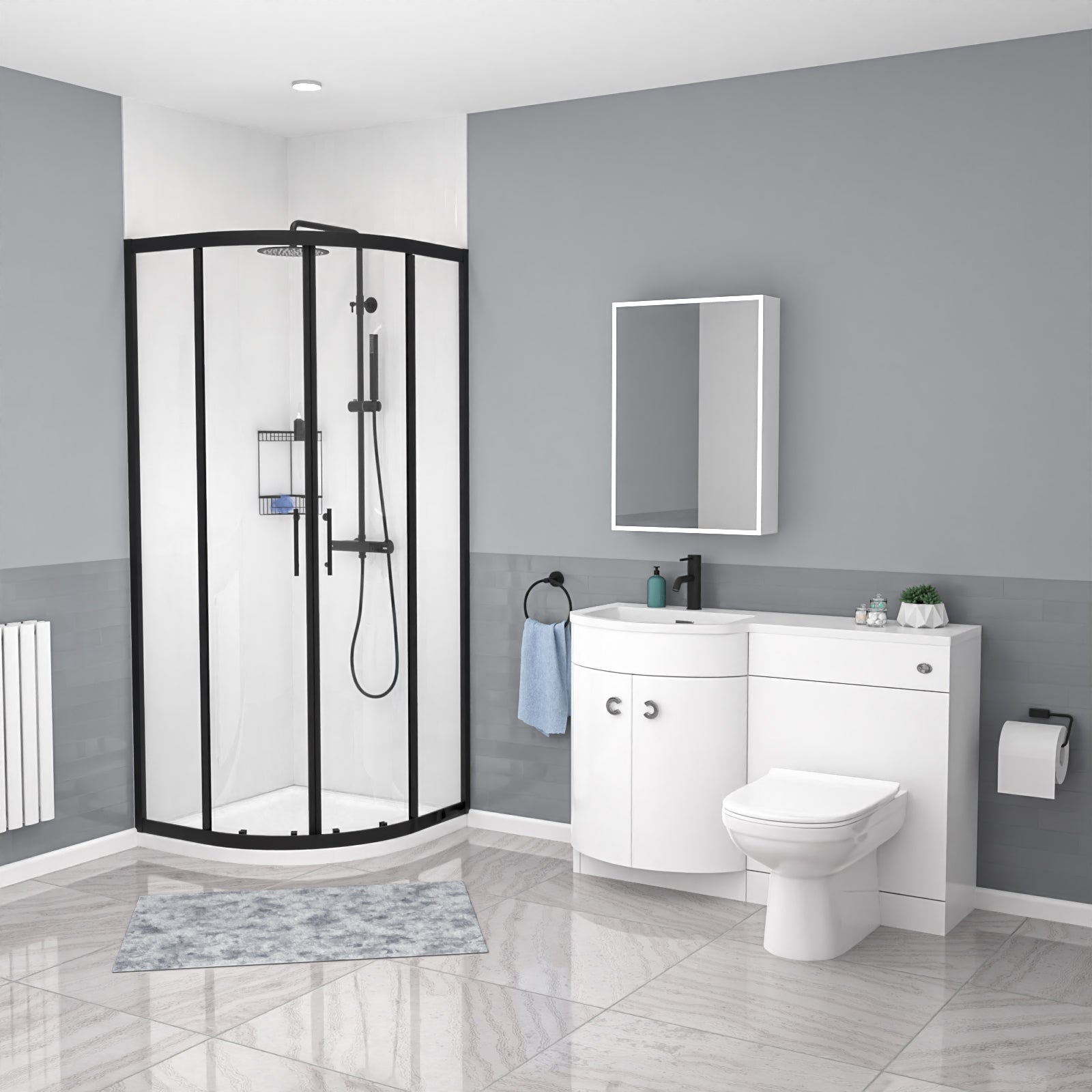 Dene Black Quadrant 800mm Shower Enclosure LH Vanity Unit & BTW Toilet