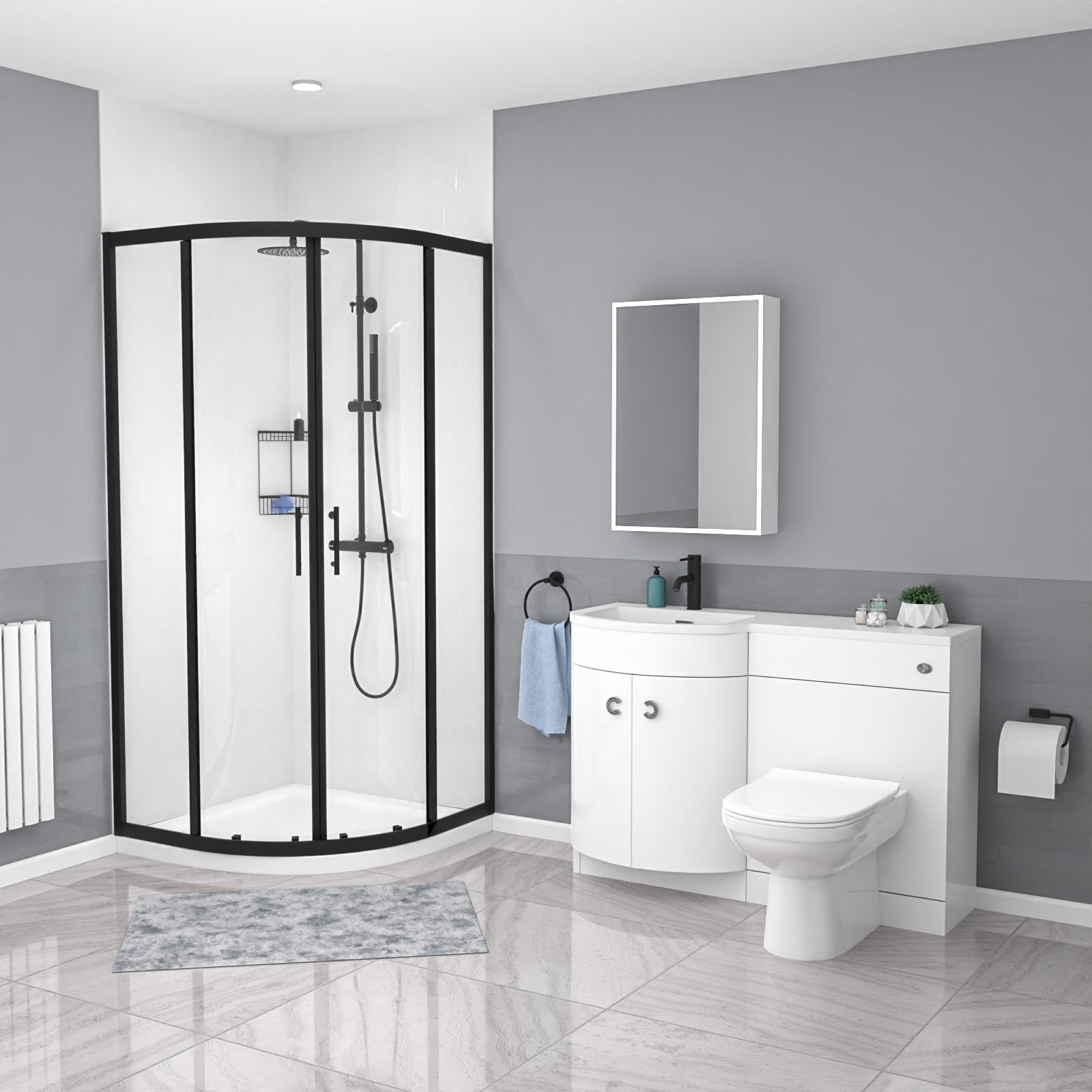 Dene Black Quadrant 900mm Shower Enclosure, LH Vanity Unit & BTW Toilet