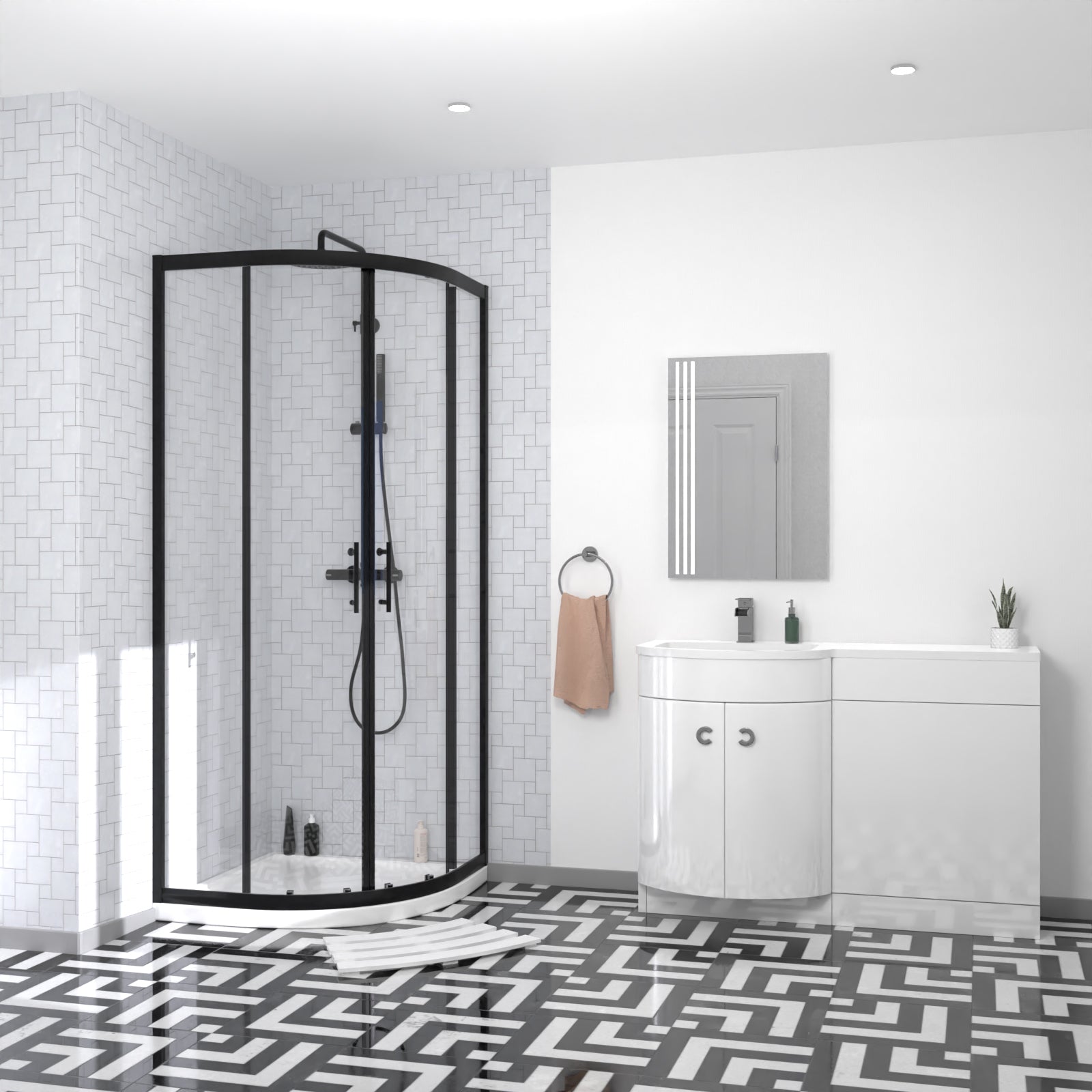 Dene Matte Black Quadrant 800mm Shower Enclosure & Left Hand Vanity Combination Unit