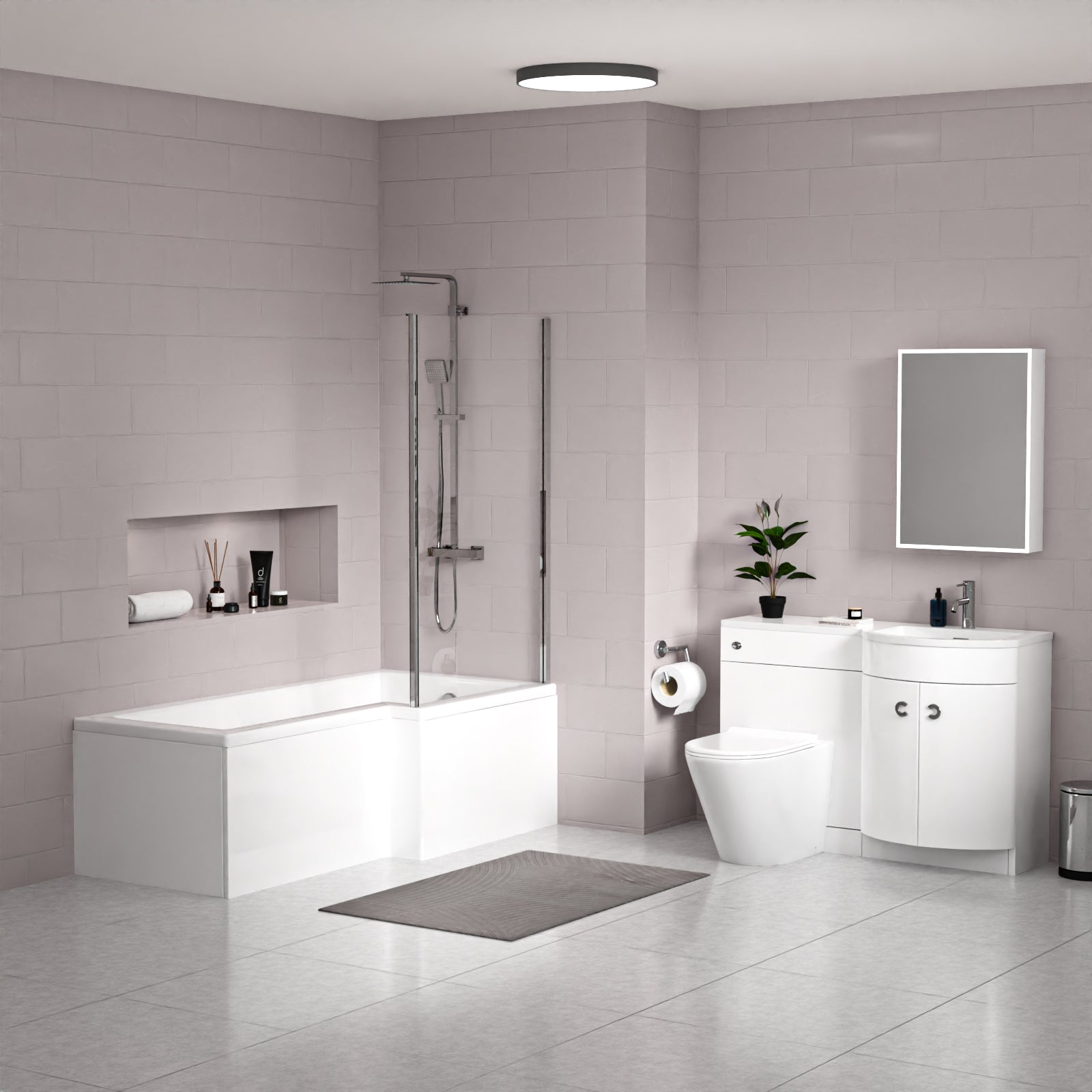 Dene L-Shaped RH Shower Bath White Basin Vanity Unit & Rimless BTW Toilet