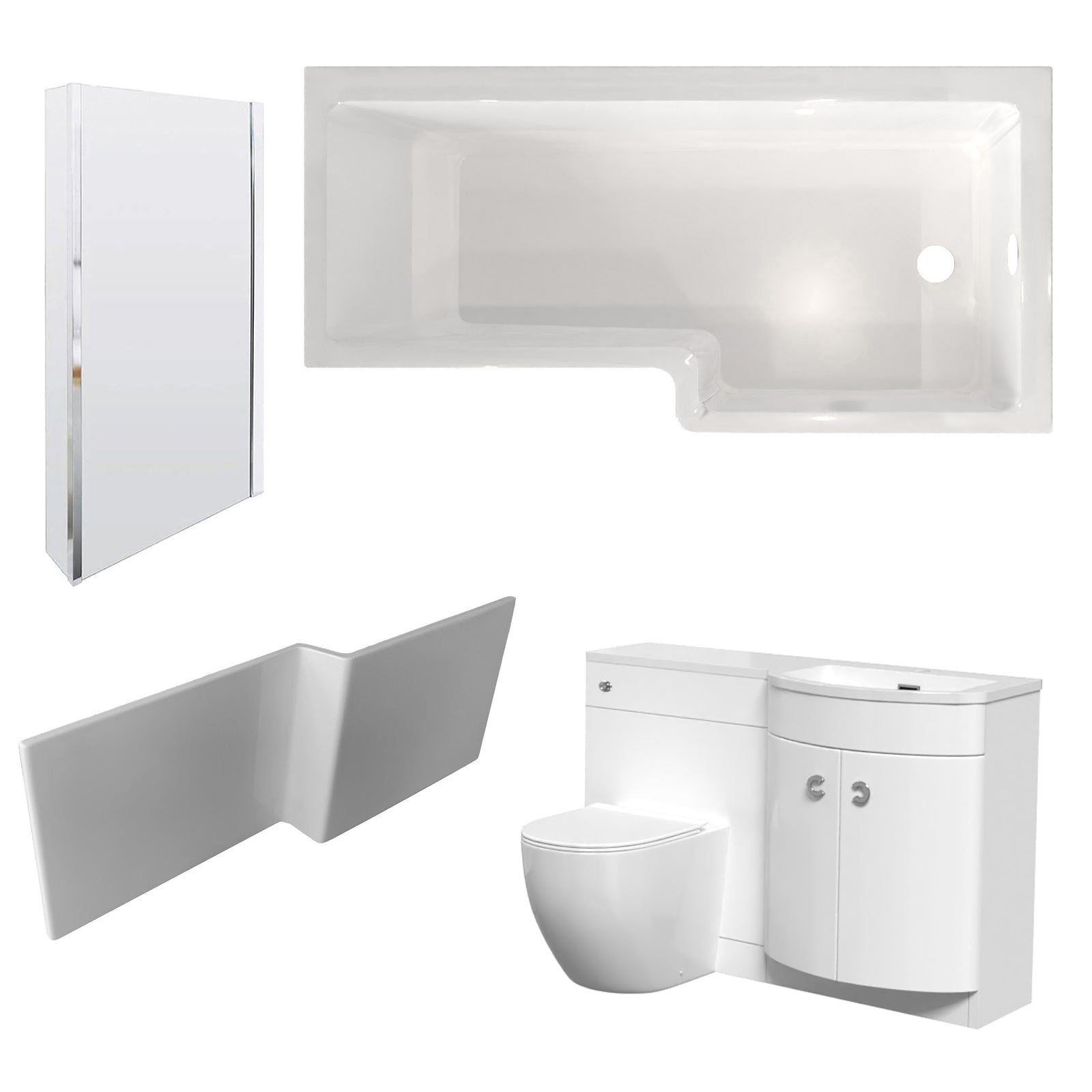 Dene L-Shaped RH Shower Bath White Basin Vanity Unit & BTW Rimless Toilet