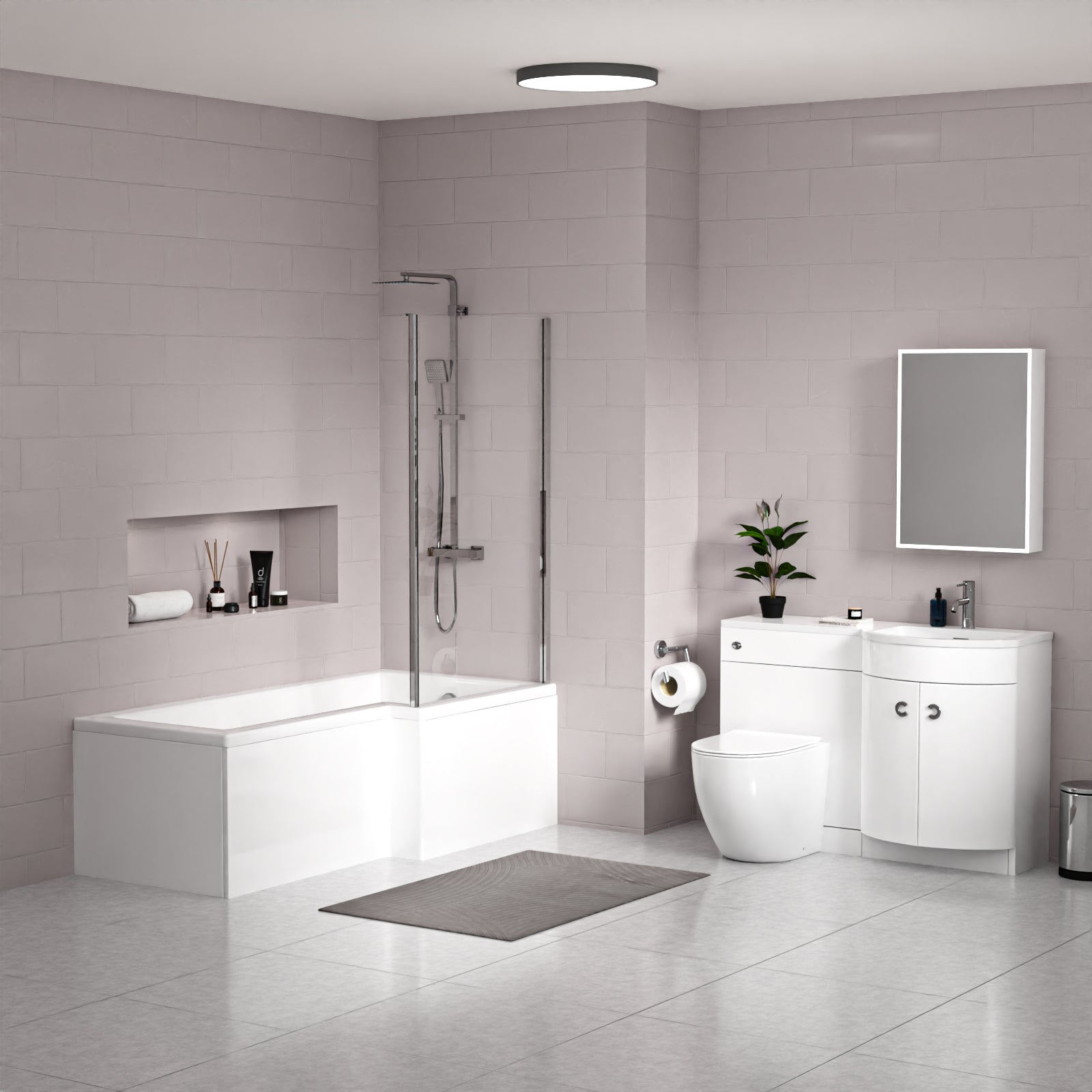 Dene L-Shaped RH Shower Bath White Basin Vanity Unit & BTW Rimless Toilet