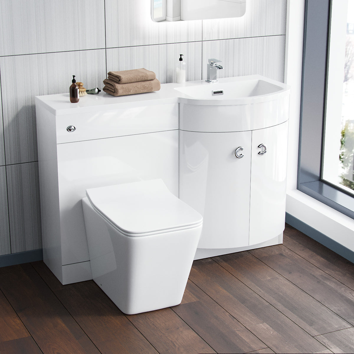 White 1100mm RH Vanity Unit and WC Toilet Sink Cabinet Combination