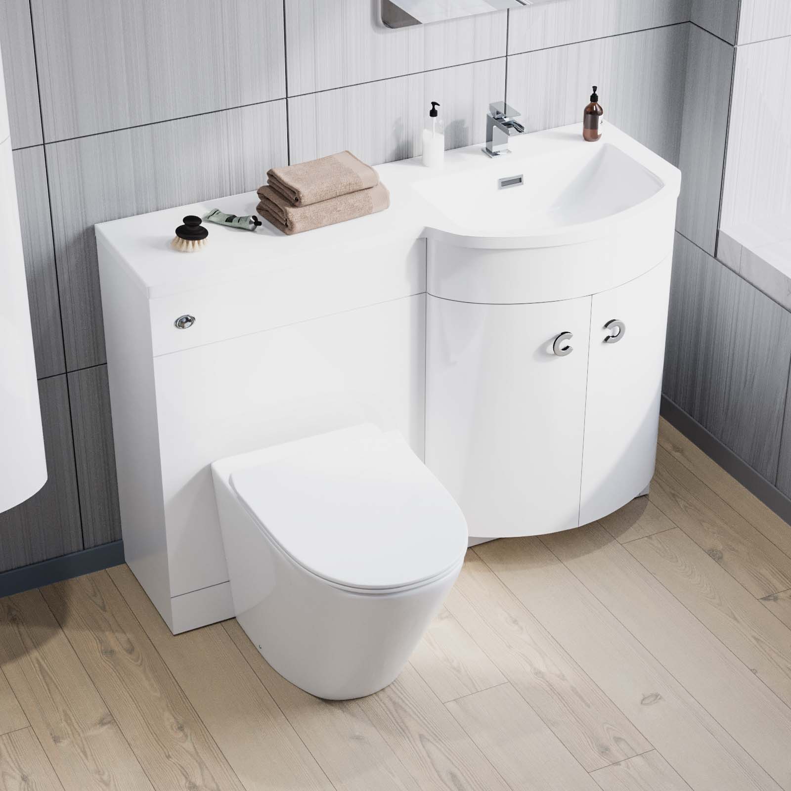 Dene L-Shaped LH Shower Bath Basin Vanity Unit White & Rimless BTW Toilet