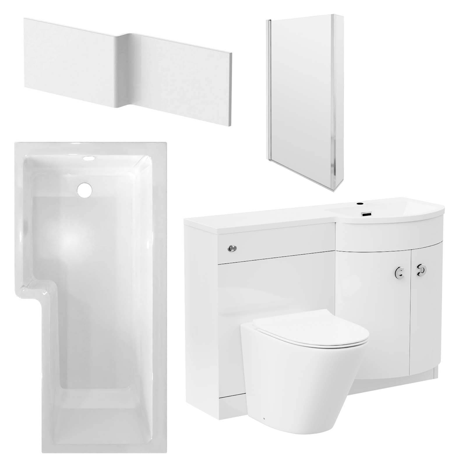 Dene L-Shaped LH Shower Bath Basin Vanity Unit White & Rimless BTW Toilet