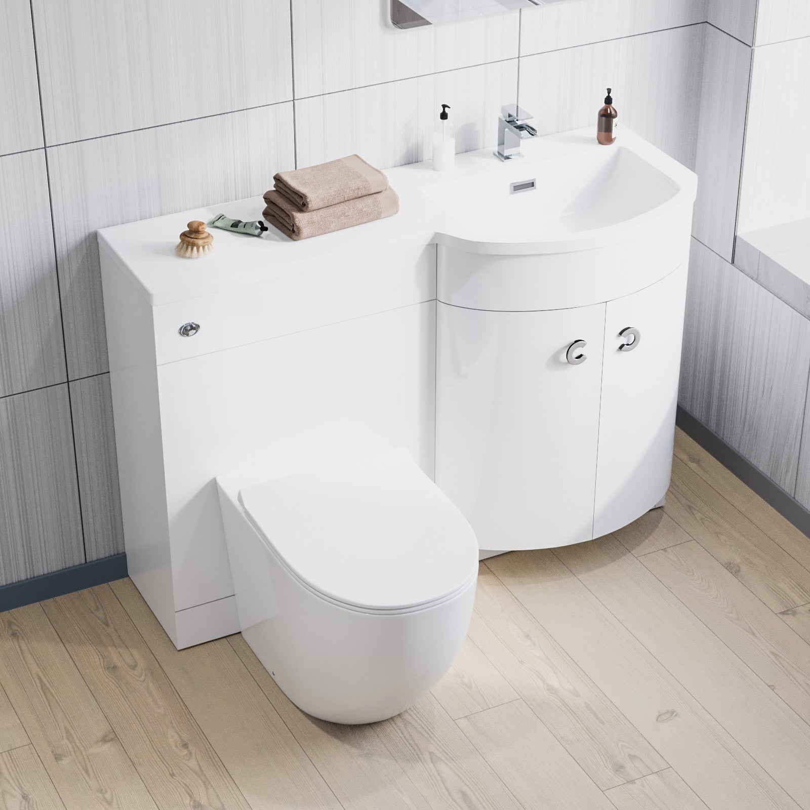 Dene | 1100mm RH Back To Wall toilet, Soft Close Toilet & Resin Basin White