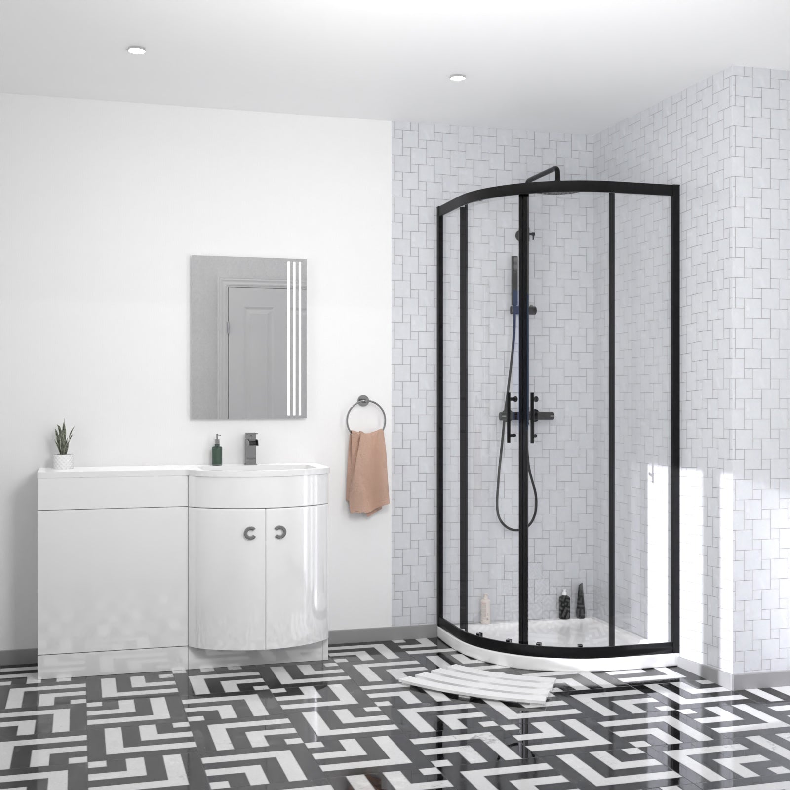 Dene Matte Black Quadrant 800mm Shower Enclosure & Right Hand Vanity Combination Unit