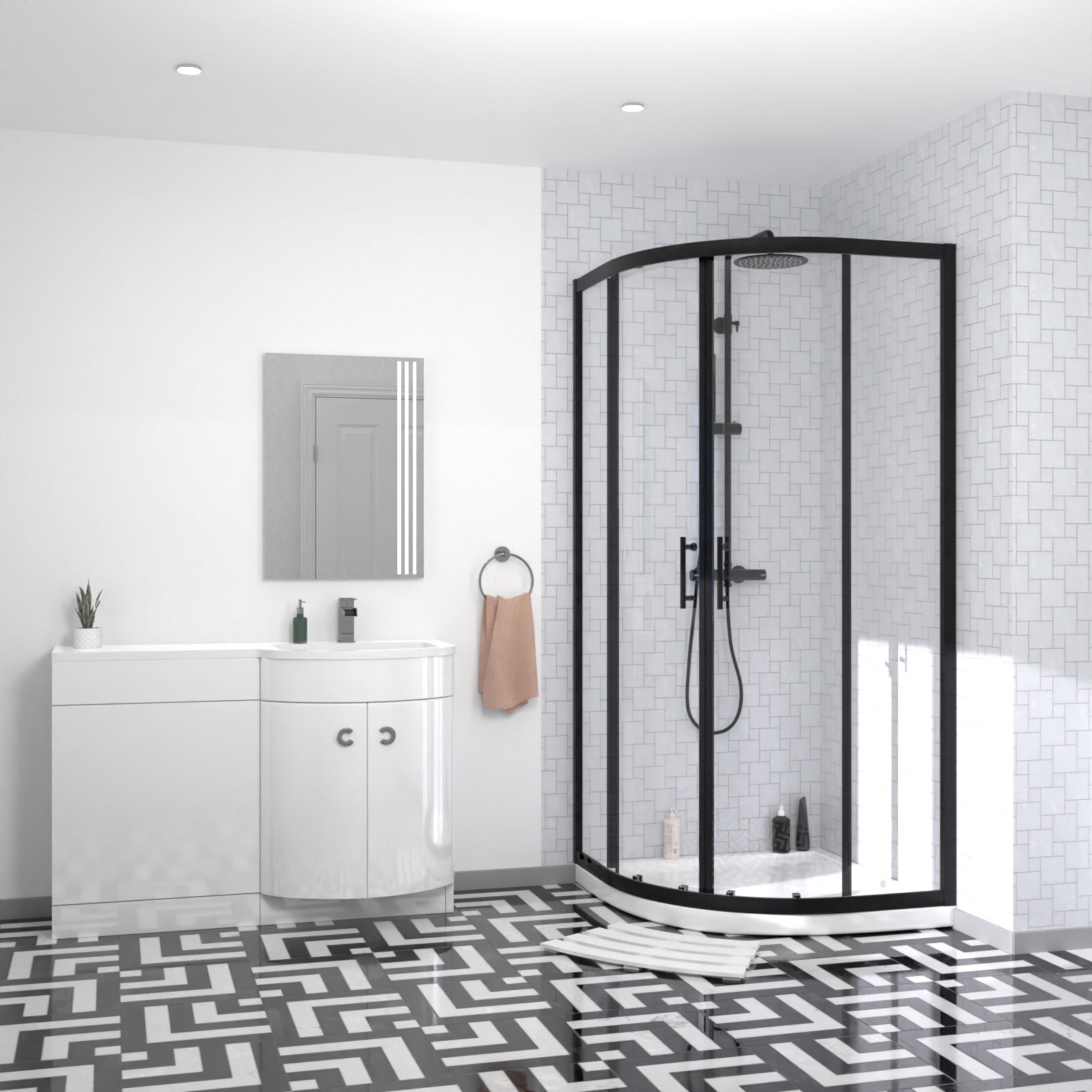 Dene Matte Black Quadrant 900mm Shower Enclosure & Right Hand Vanity Combination Unit