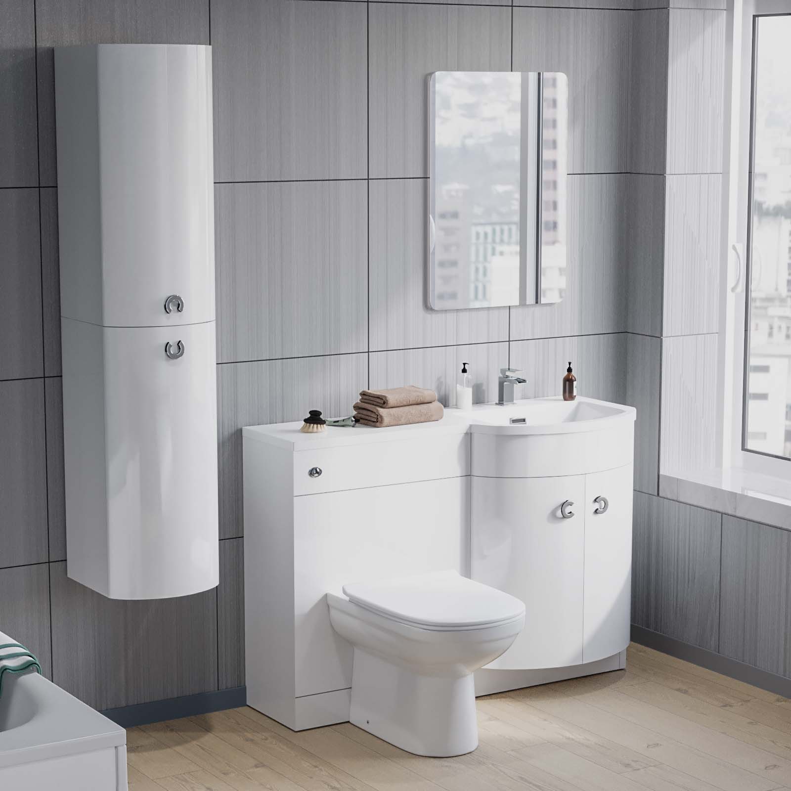 Dene Right Hand 1100mm Vanity Basin Unit White, Back to Wall Toilet & Wall Hung Cabinet White