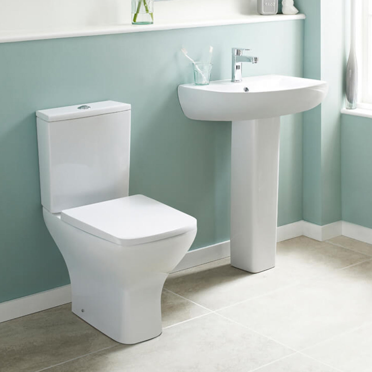 Modern Cloakroom Suite with Close Coupled Toilet and Full Pedestal Basin