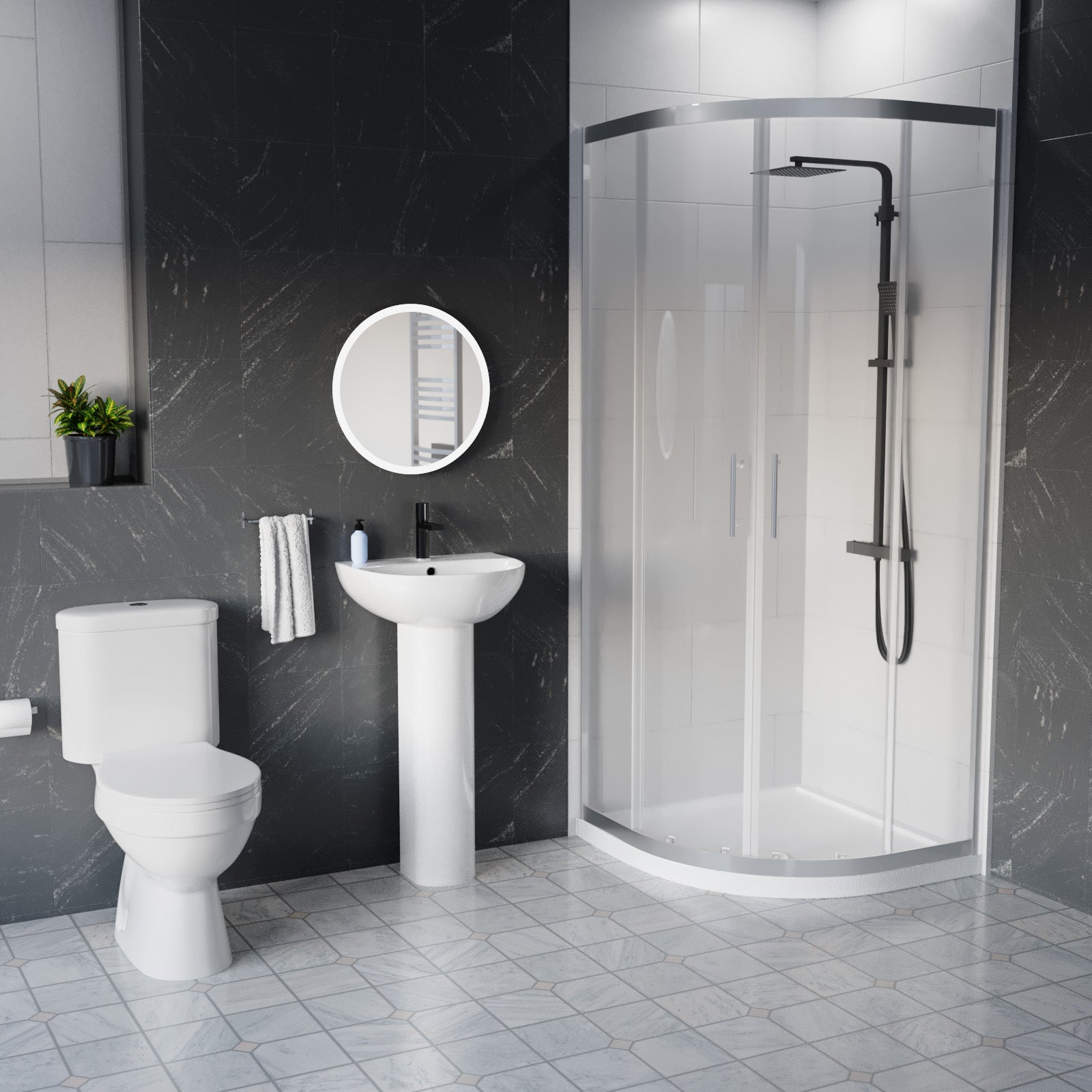 White 450mm Round Slim Edge Pedestal Basin With Toilet & Quadrant Shower Screen