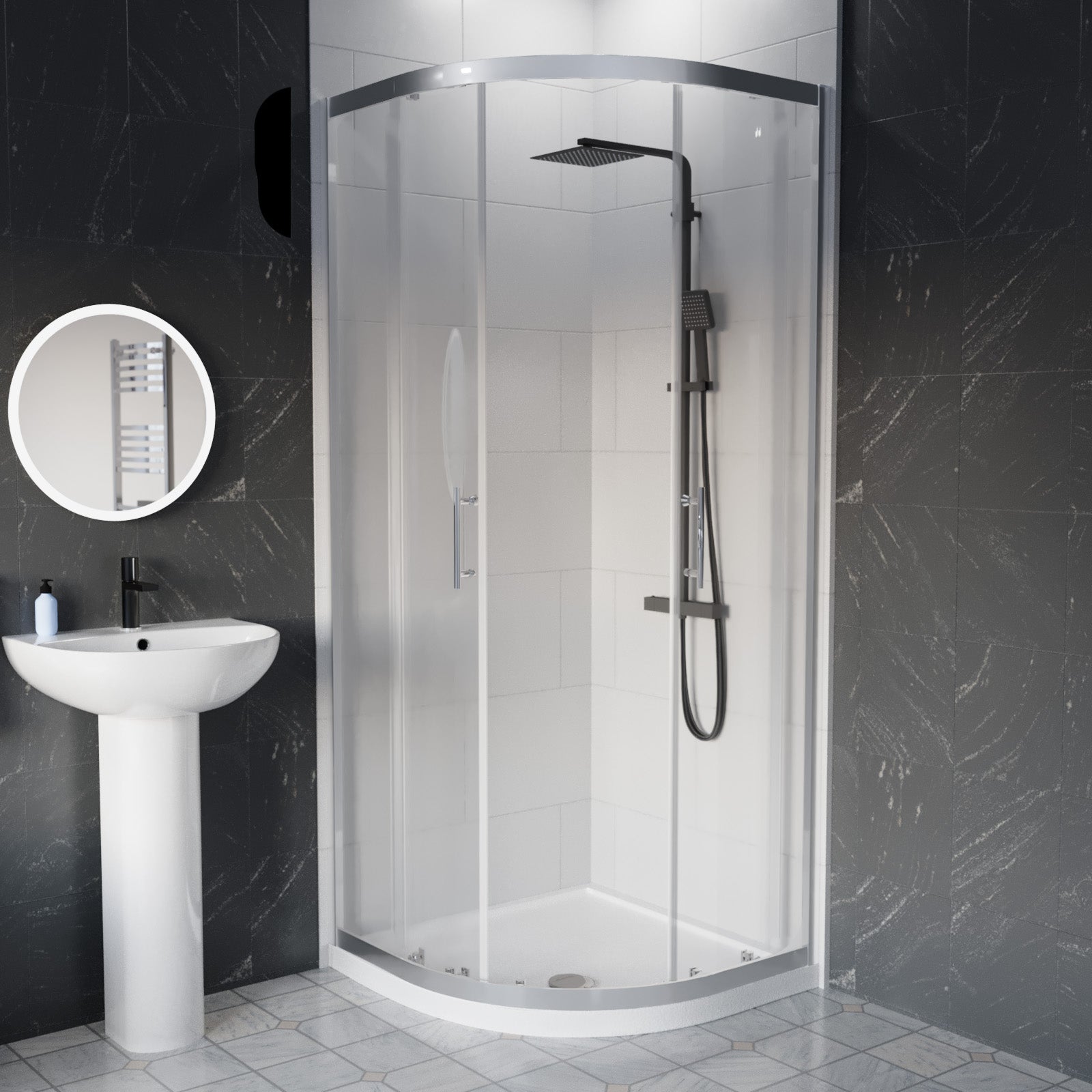 White 550mm Round Slim Edge Pedestal Basin With Toilet & Quadrant Shower Screen