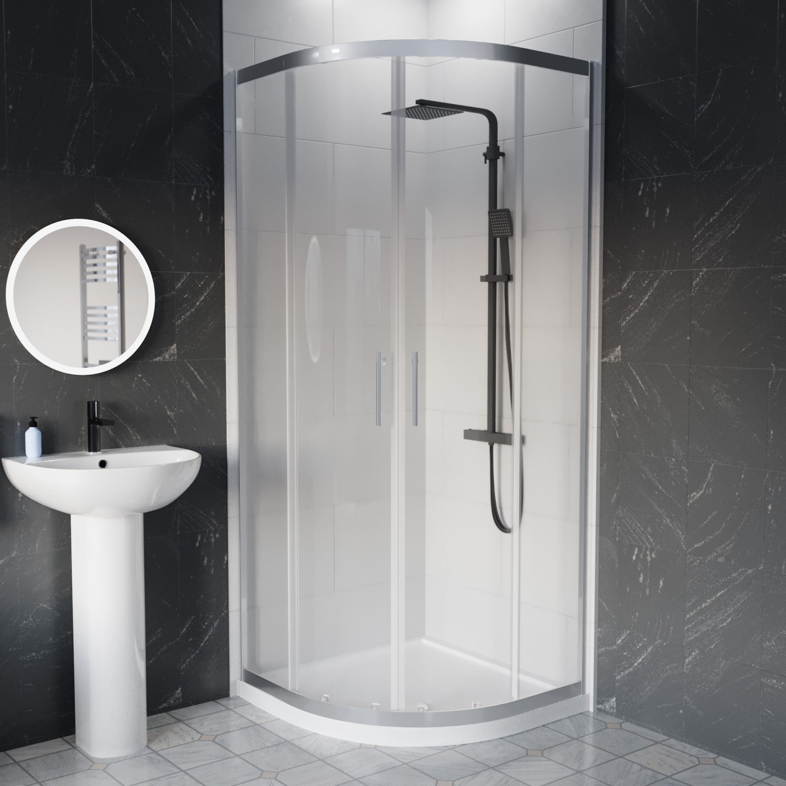 Full Pedestal 500mm Slim Edge Basin with ECO-Toilet and Shower Enclosure