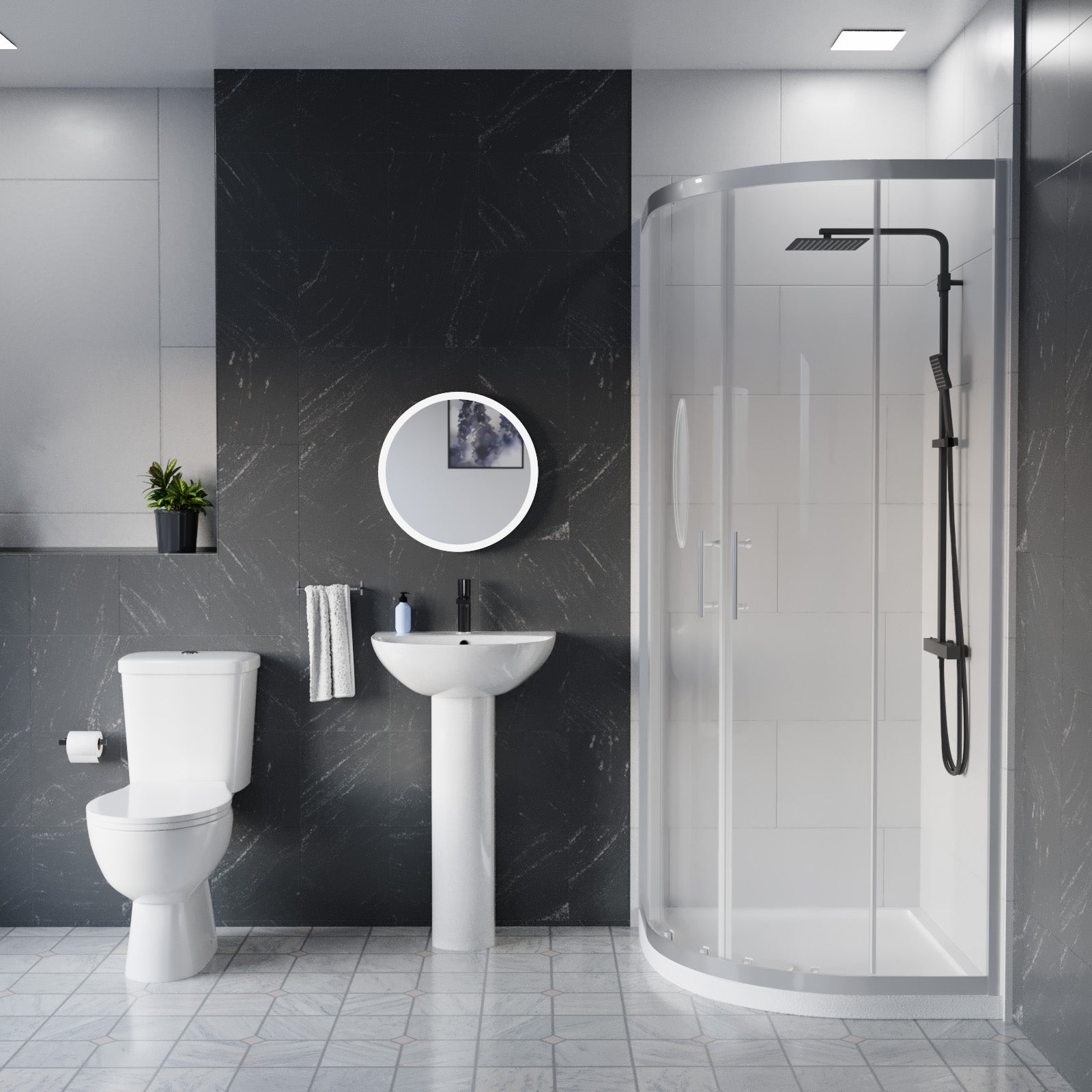 White 500mm Round Slim Edge Pedestal Basin Toilet Shower Screen & Tray