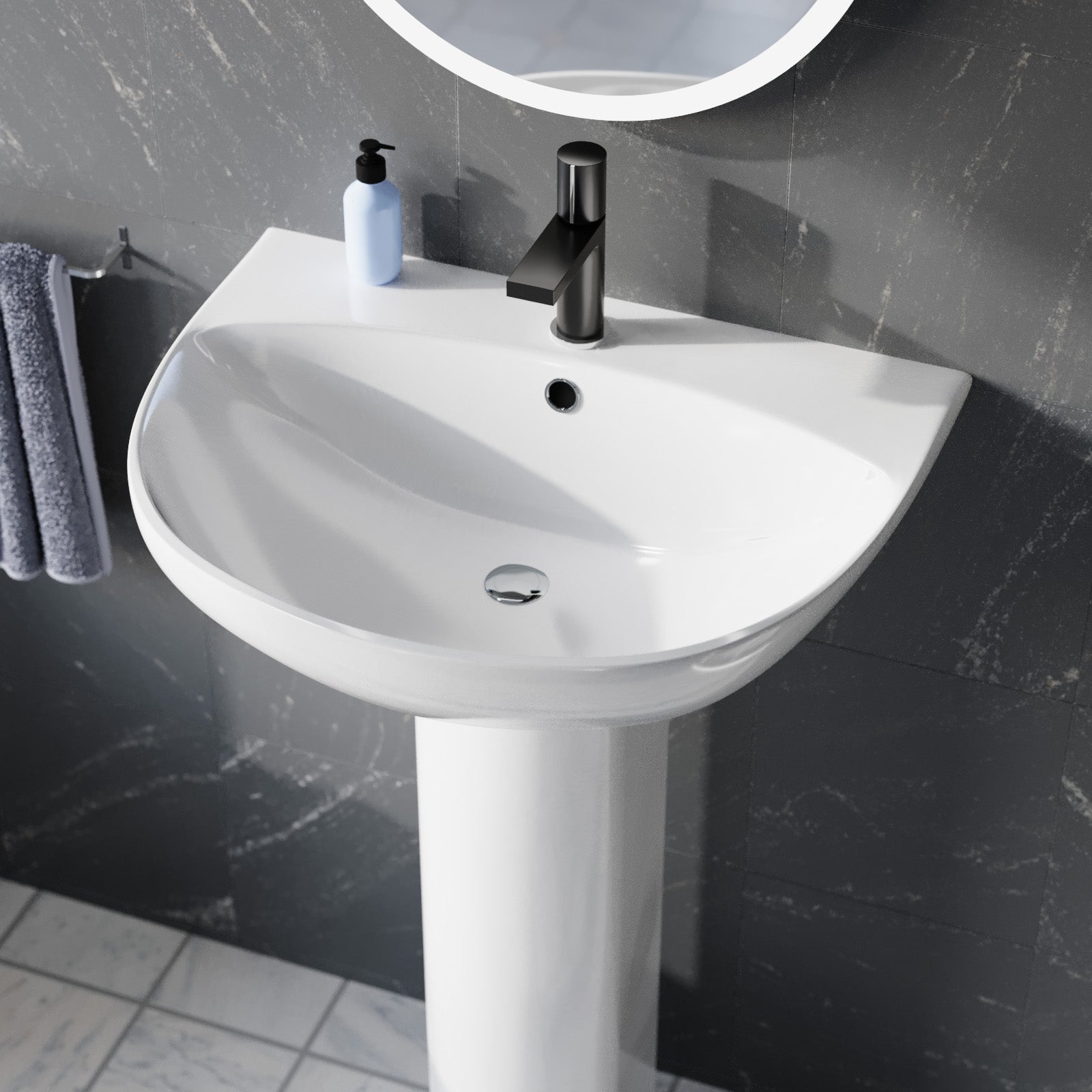 White 550mm Round Slim Edge Full Pedestal Basin