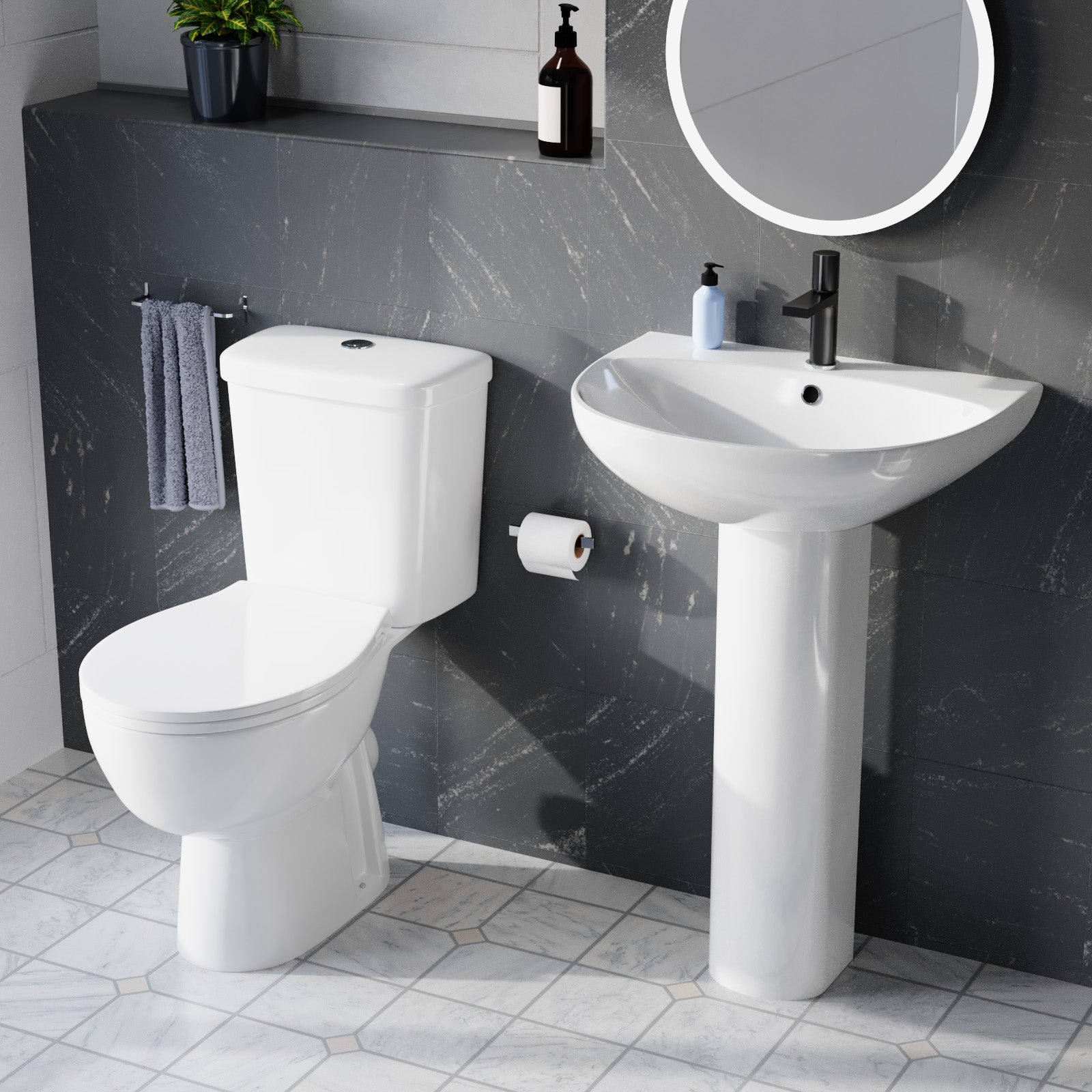 White 550mm Round Slim Edge Pedestal Basin with Closed Coupled Toilet