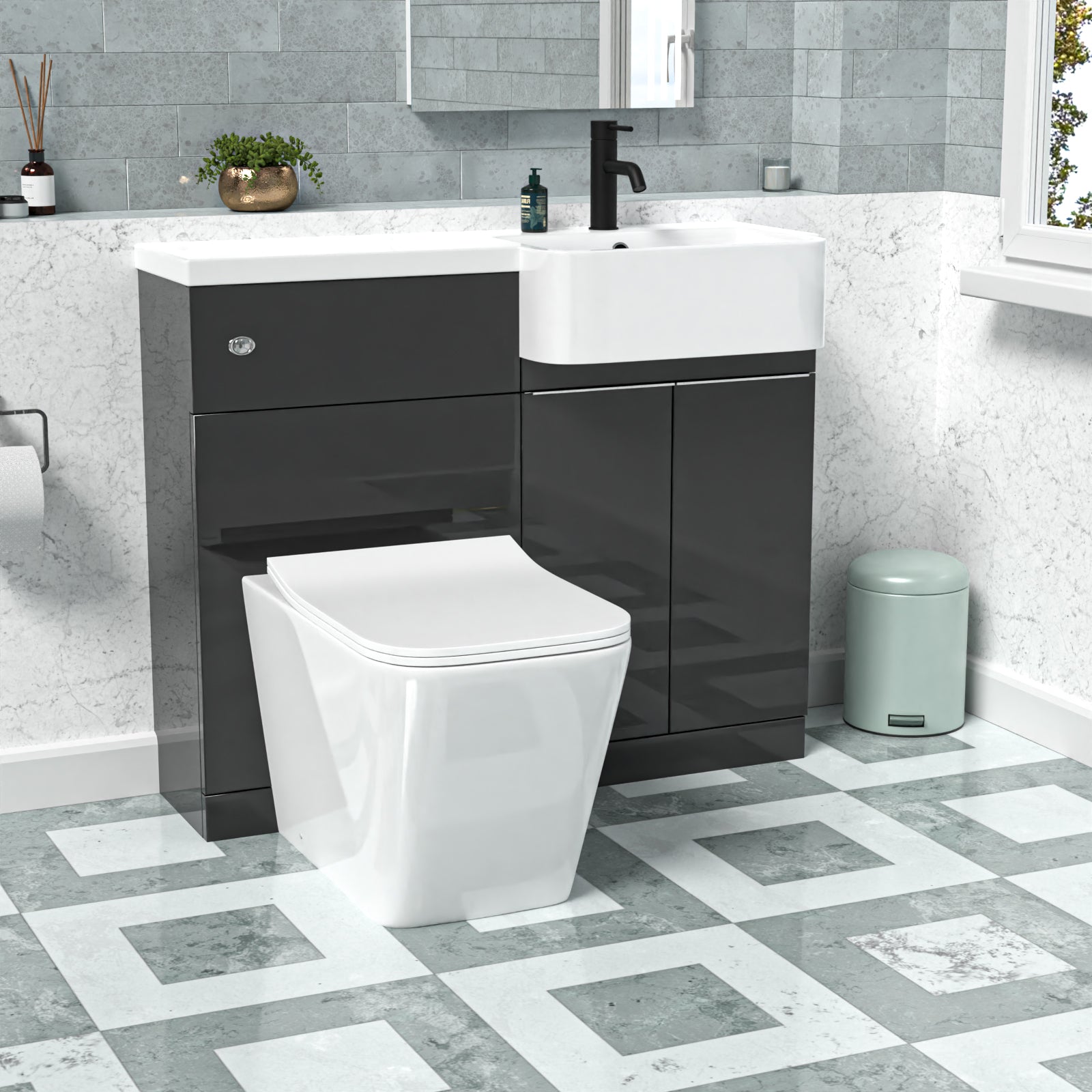 1000mm Right Hand Dark Grey Basin Vanity WC Unit Square BTW Toilet