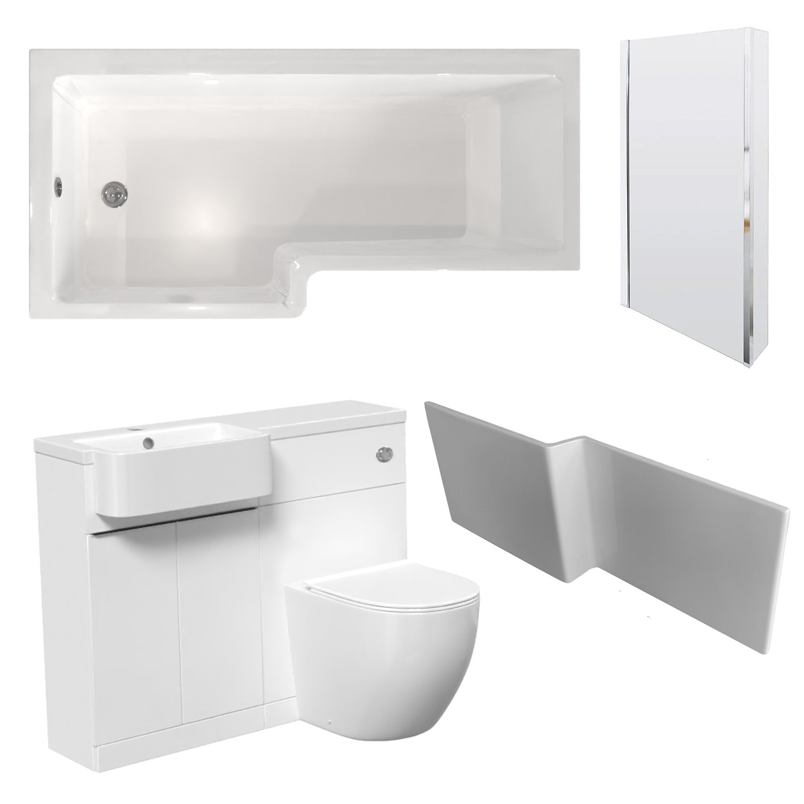 Bretford White L-Shaped LH 1700mm Shower Bath With Screen, Basin Vanity Unit With Black Handle & BTW Toilet Suite
