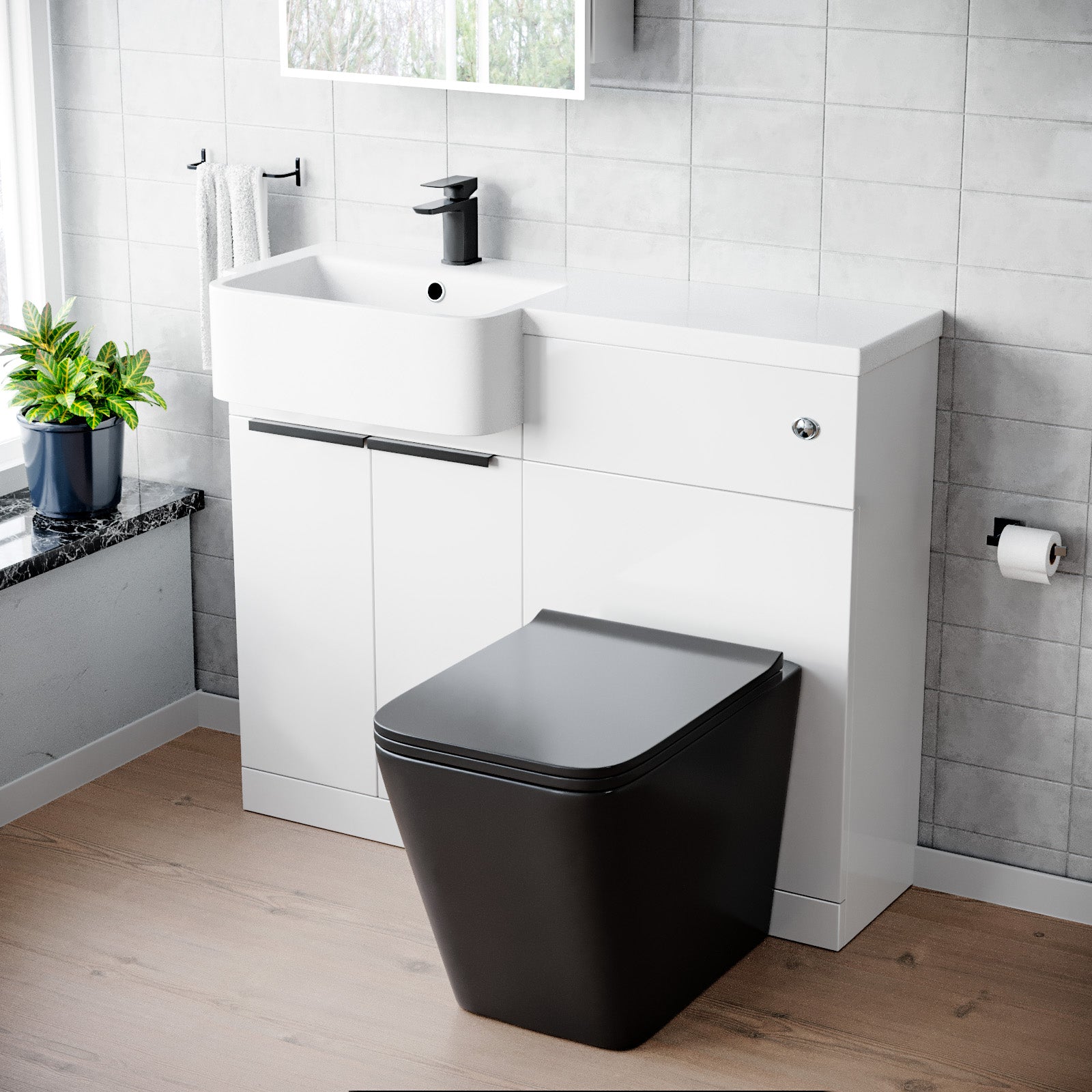 1000mm LH Basin Vanity Black Handles, WC Unit & Square Black BTW Toilet