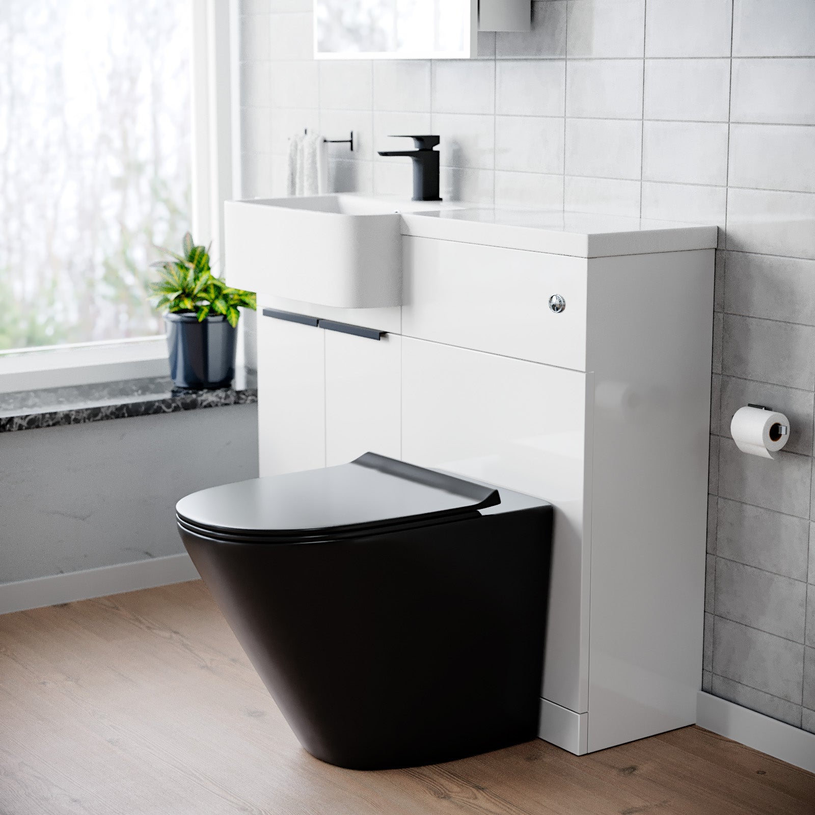 1000mm LH Basin Vanity Black Handles, WC Unit & Square Black BTW Toilet