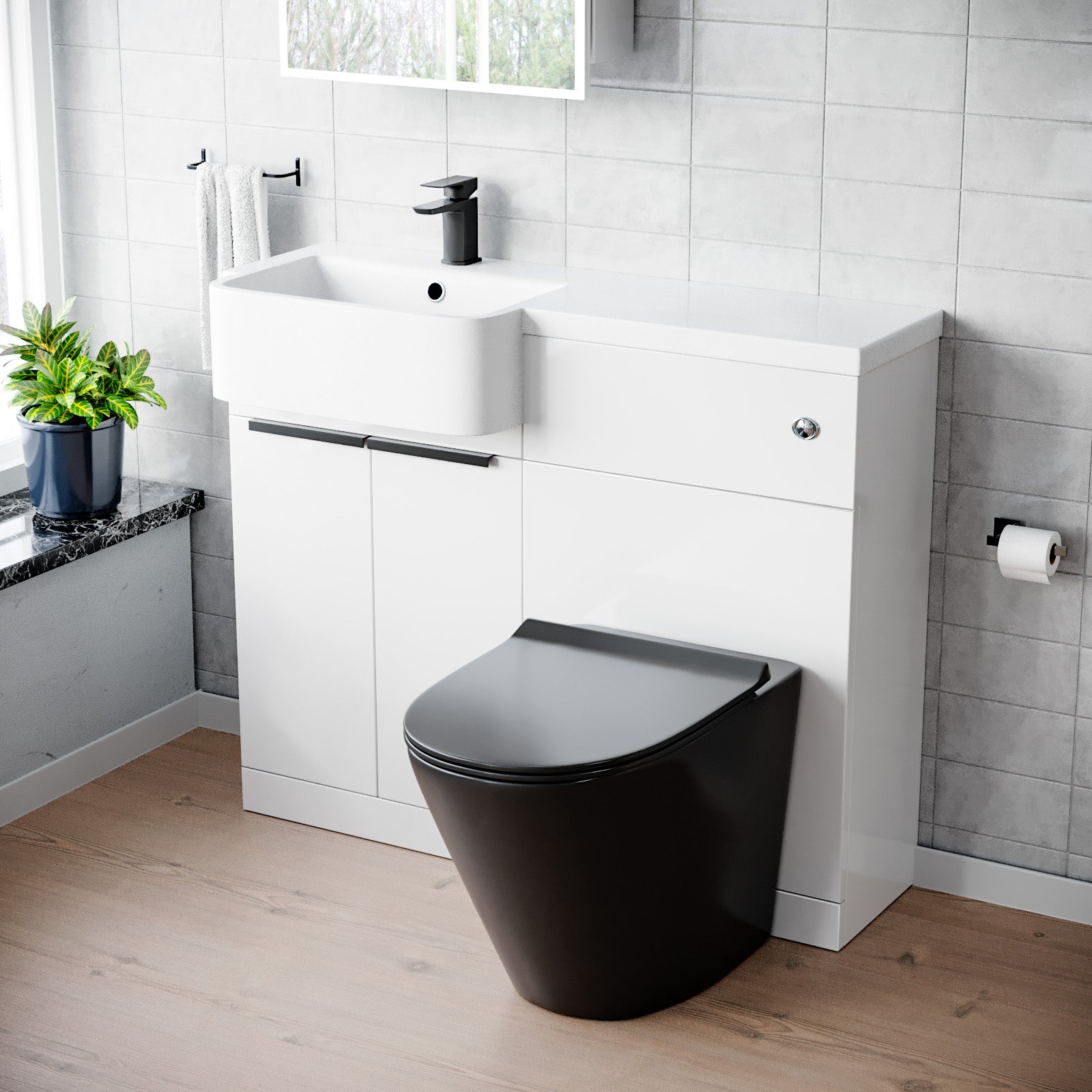 1000mm LH Basin Vanity Black Handles, WC Unit & Square Black BTW Toilet