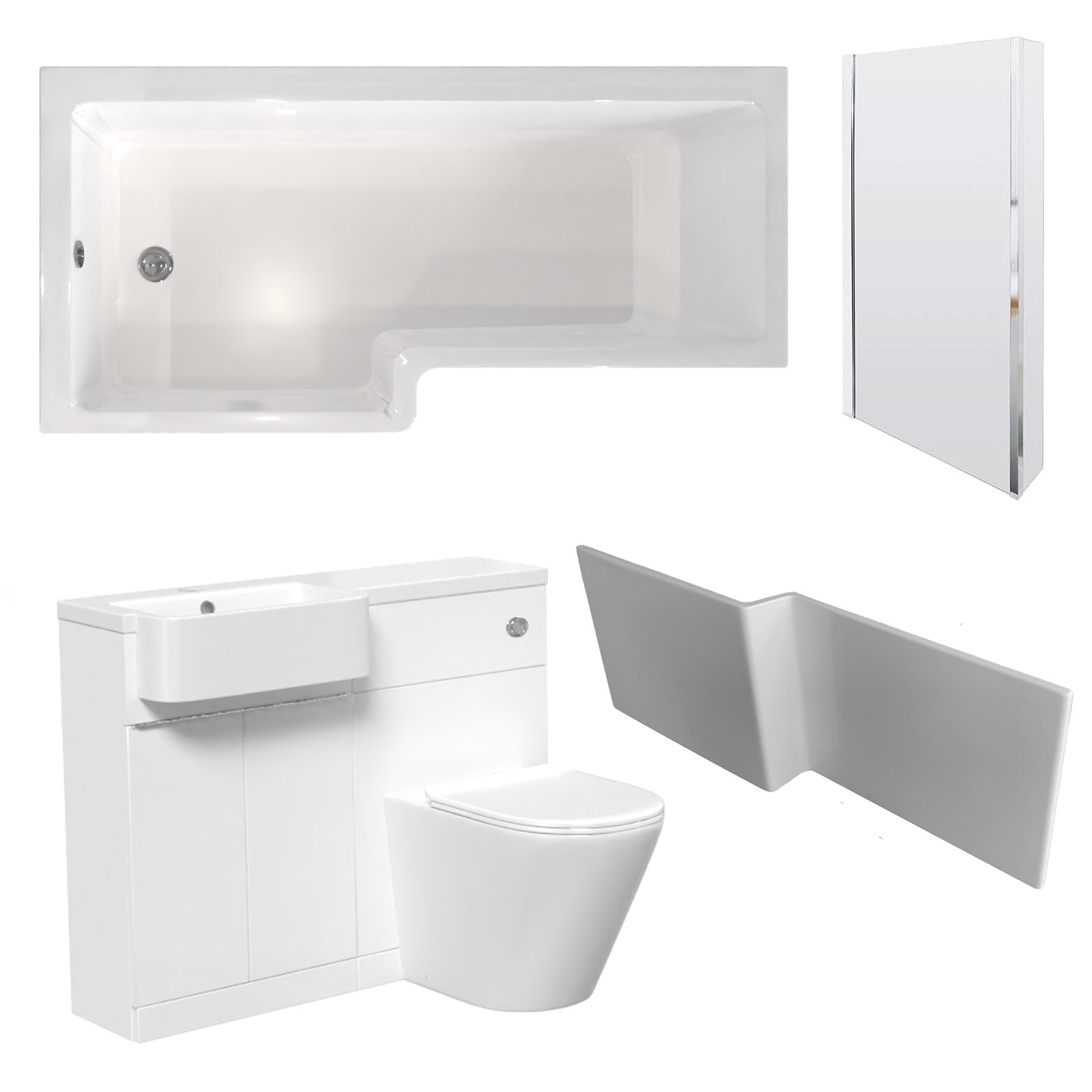 Bretford White L-Shaped LH 1700mm Shower Bath With Screen, Basin Vanity Unit With Handle & Round BTW Toilet Suite