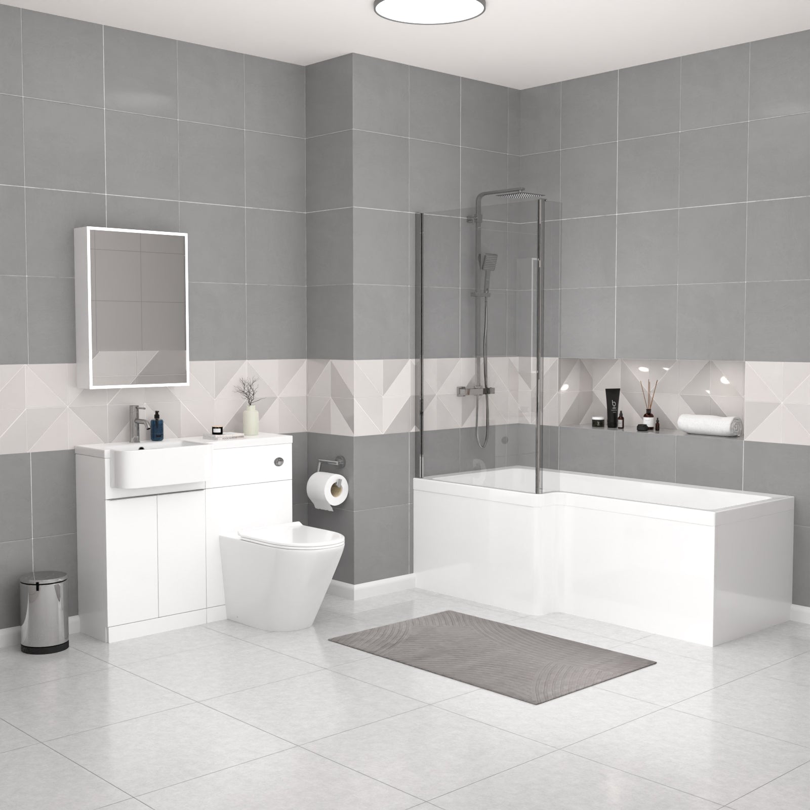 Bretford White L-Shaped LH 1700mm Shower Bath With Screen, Basin Vanity Unit With Handle & Round BTW Toilet Suite