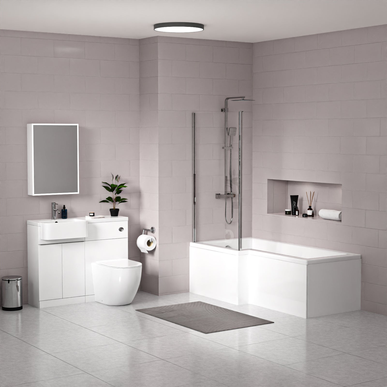 Bretford White L-Shaped LH 1700mm Shower Bath With Screen, Basin Vanity Unit With Handle & BTW Toilet Suite