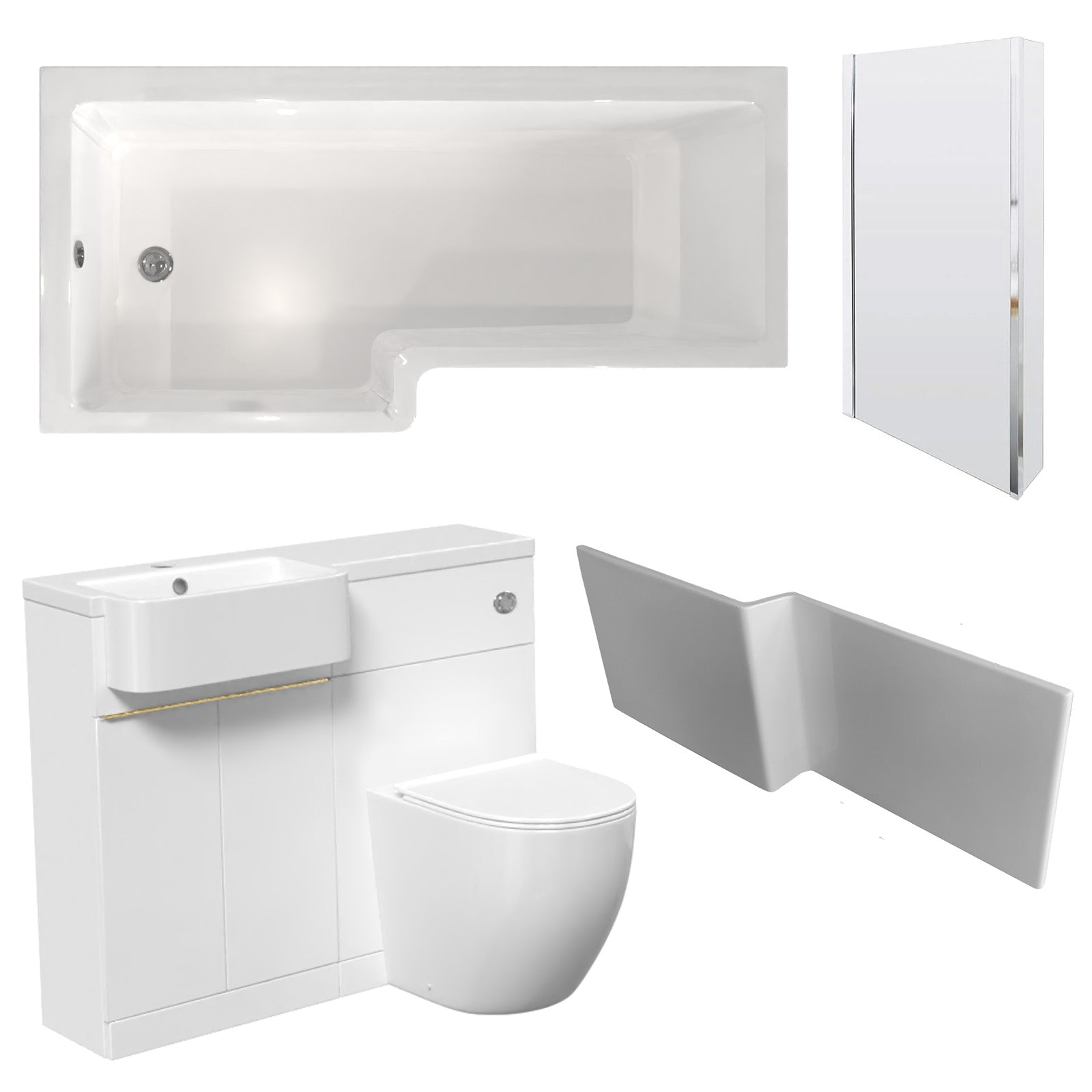 Bretford White L-Shaped LH 1700mm Shower Bath With Screen, Basin Vanity Unit With Brass Handle & BTW Toilet Suite