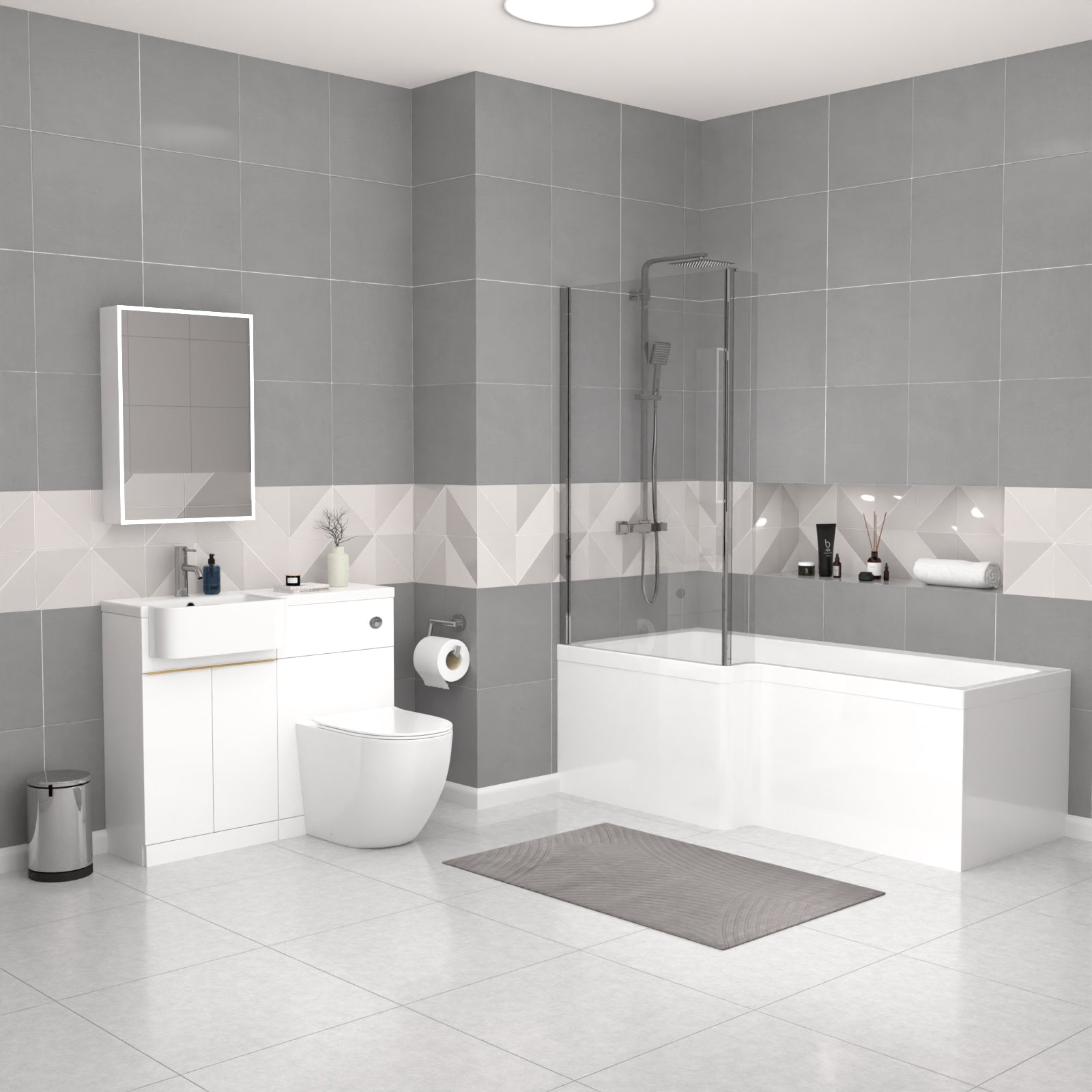 Bretford White L-Shaped LH 1700mm Shower Bath With Screen, Basin Vanity Unit With Brass Handle & BTW Toilet Suite