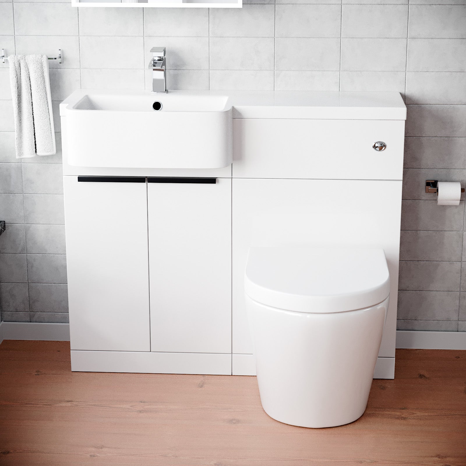 Bretford Basin Vanity Unit, With Black Handle, WC Unit & Rimless Toilet