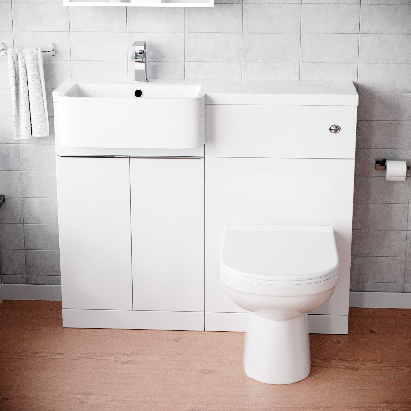 Bretford 1000mm White Cabinet with Basin, WC Unit & Toilet & Chrome Handle