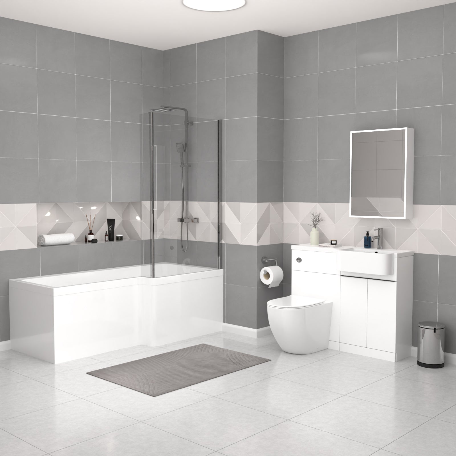 Haoran RH Basin Cabinet WC Unit L-Shaped Bath BTW Toilet & Panel Screen