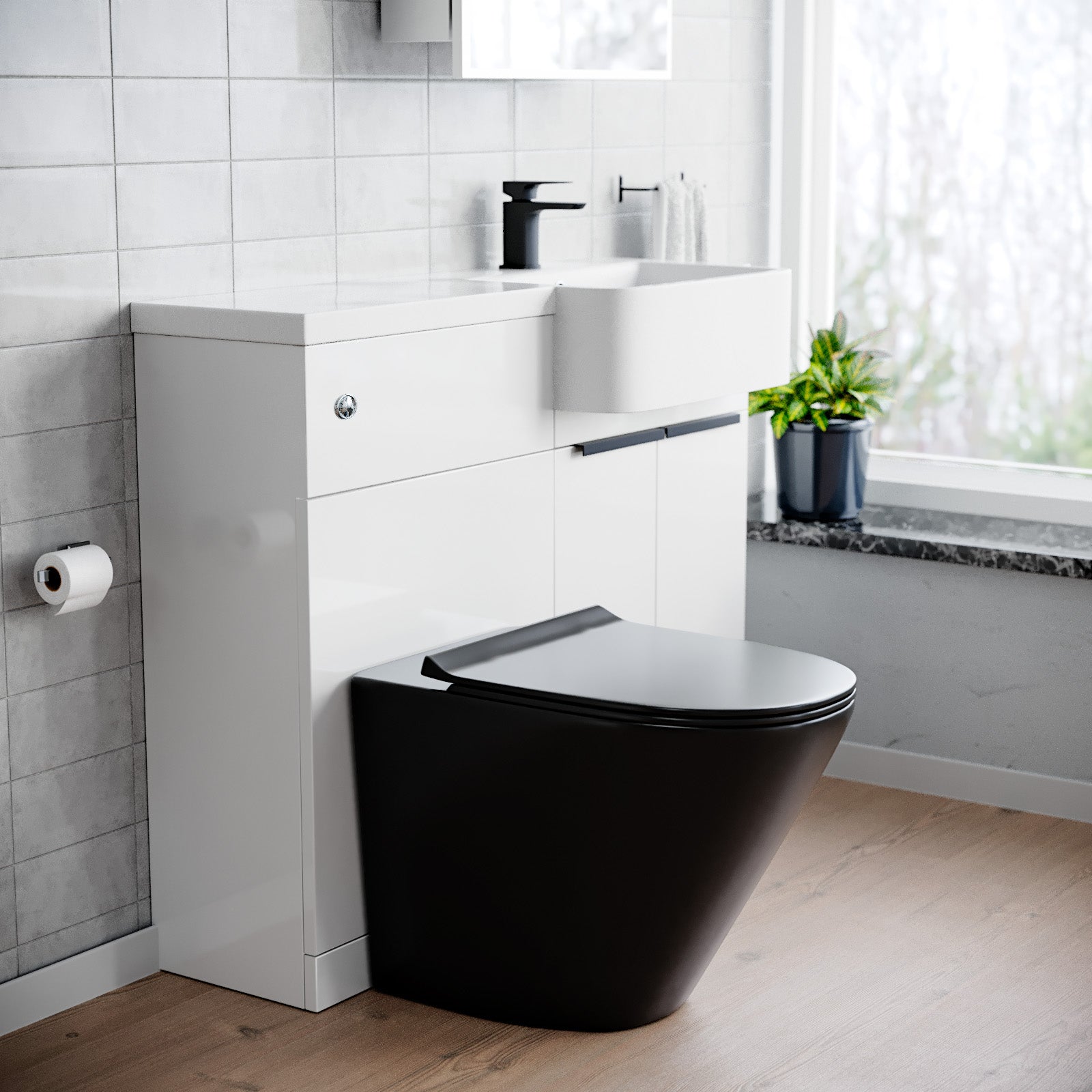 Bretford 1000mm RH Basin Vanity Black Handles, WC Unit & Square Black BTW Toilet