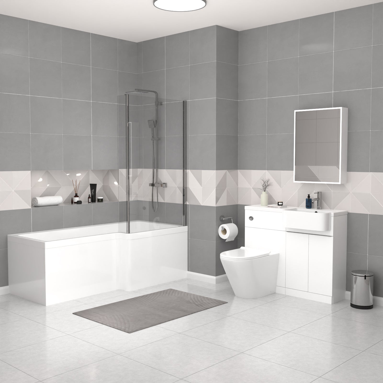 Haoran RH Basin Cabinet WC Unit BTW Toilet L-Shaped Bath & Panel Screen