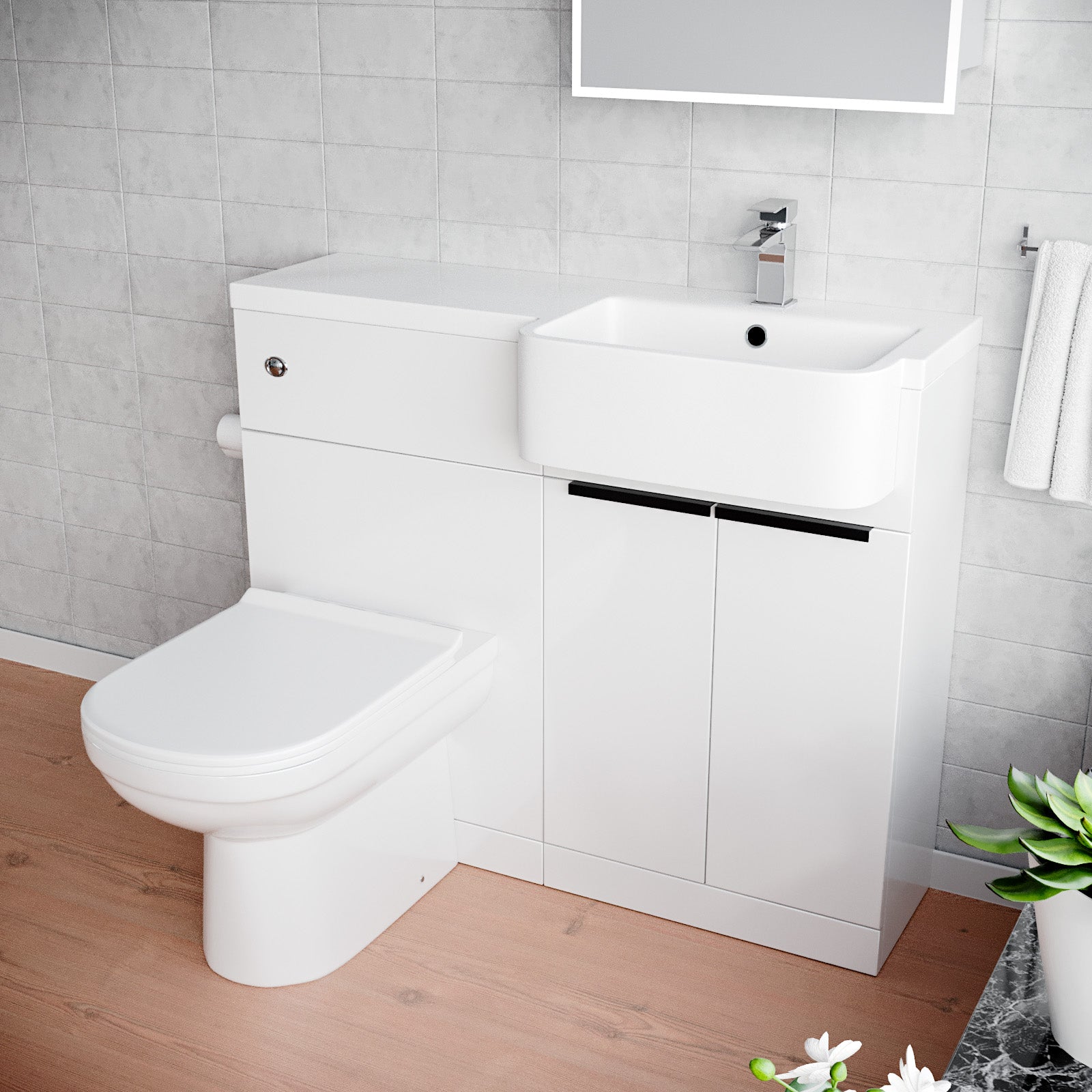 Bretford Right Hand Freestanding Basin Vanity Unit With Black Handles, WC Unit & Toilet