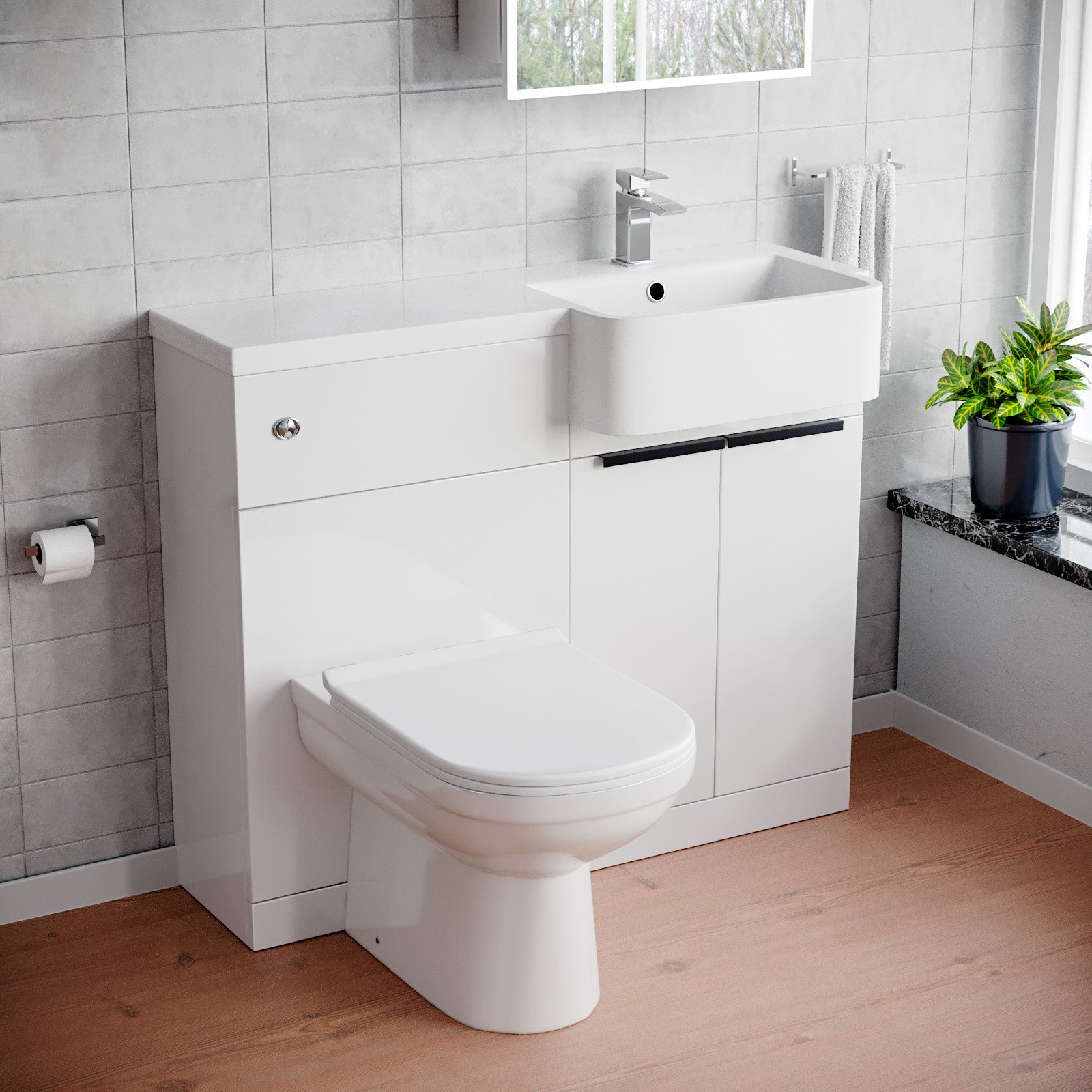 Bretford Right Hand Freestanding Basin Vanity Unit With Black Handles, WC Unit & Toilet