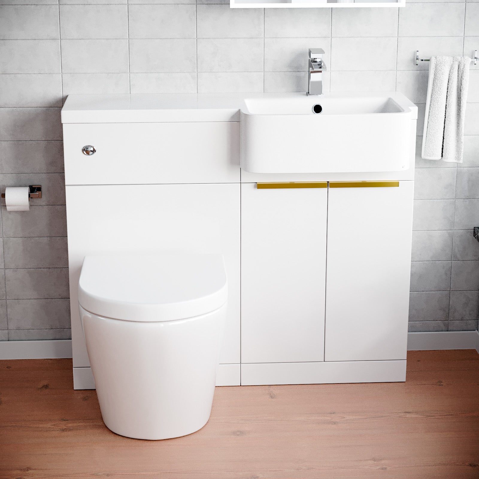 Hurley Right Hand Basin Vanity Unit, Brushed Brass Handles, WC Unit & Rimless Toilet