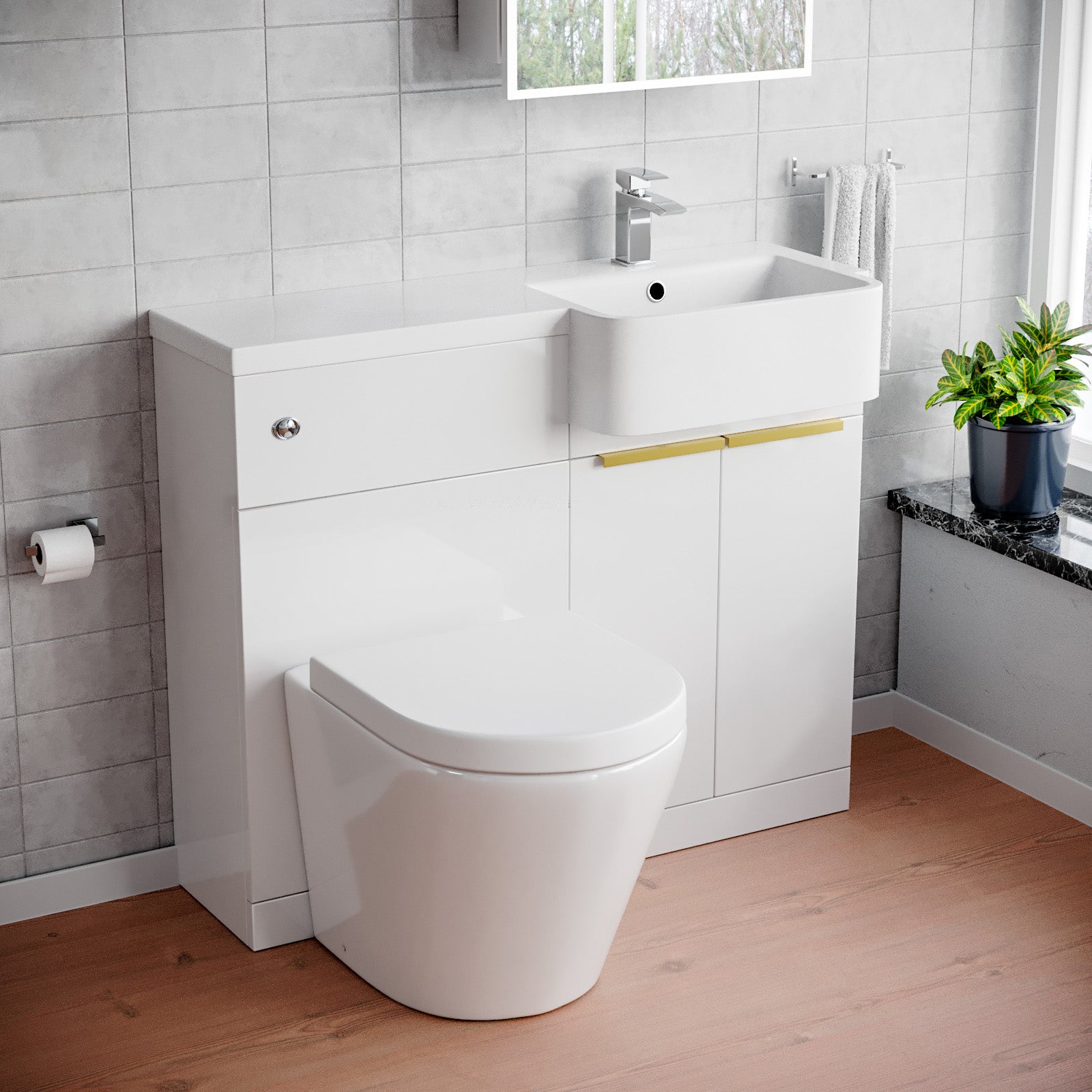 Hurley Right Hand Basin Vanity Unit, Brushed Brass Handles, WC Unit & Rimless Toilet